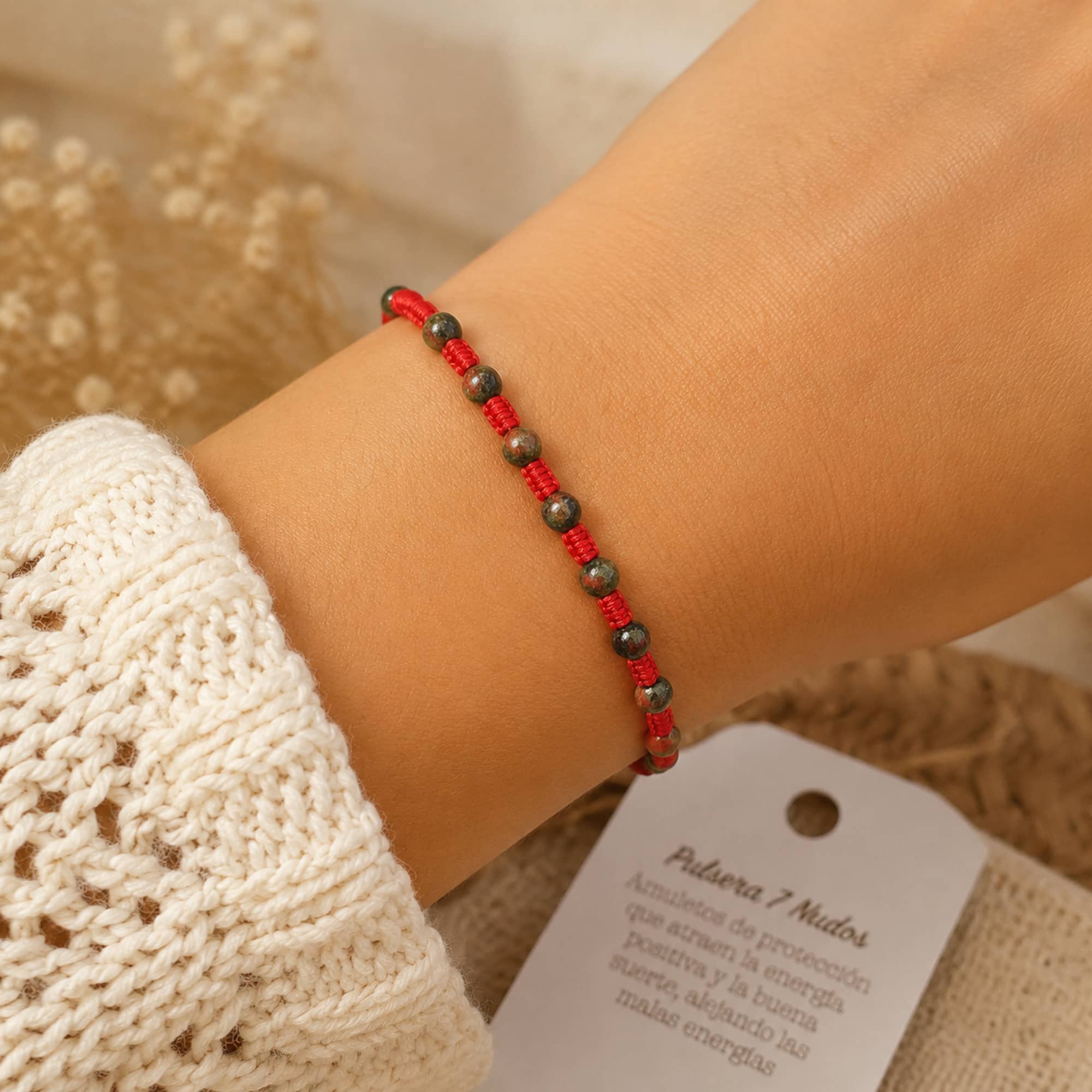 PULSERA 7 NUDOS CON  JASPE SANGRE DE DRAGÓN 4MM