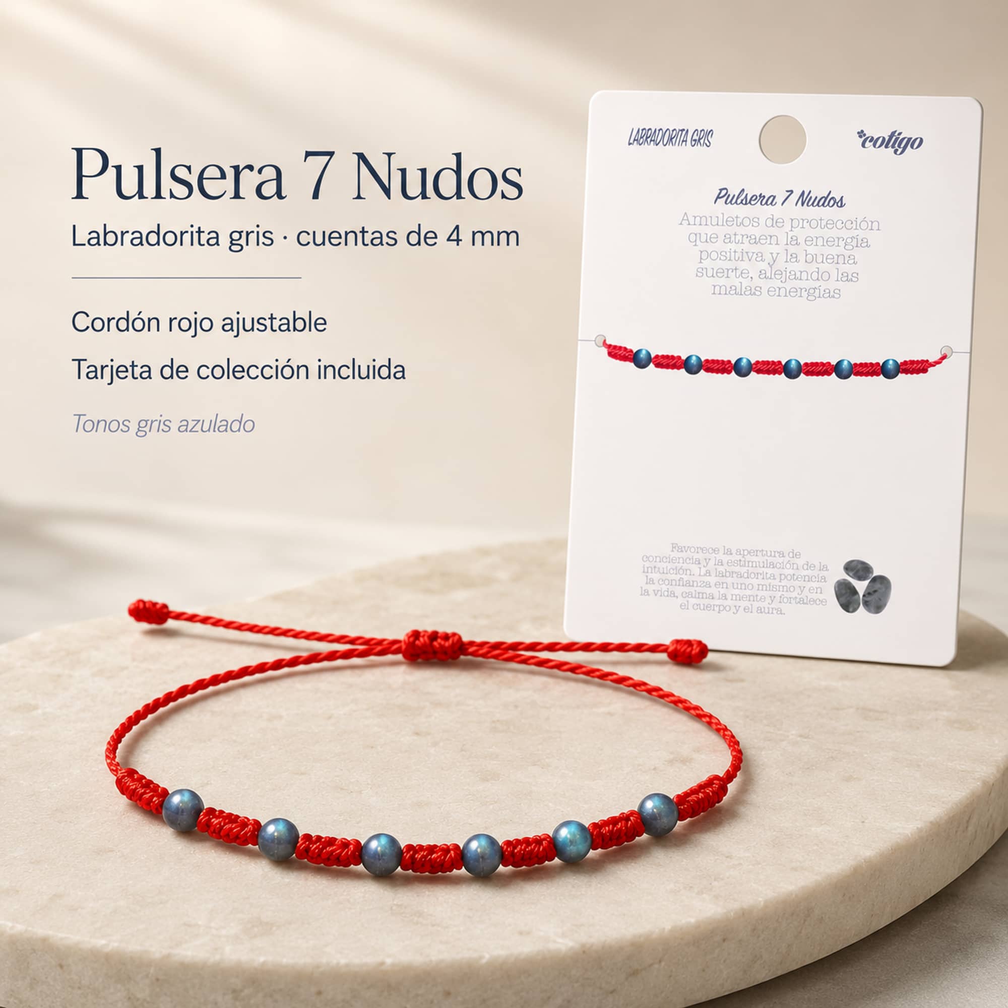 PULSERA 7 NUDOS CON  LABRADORITA GRIS 4MM