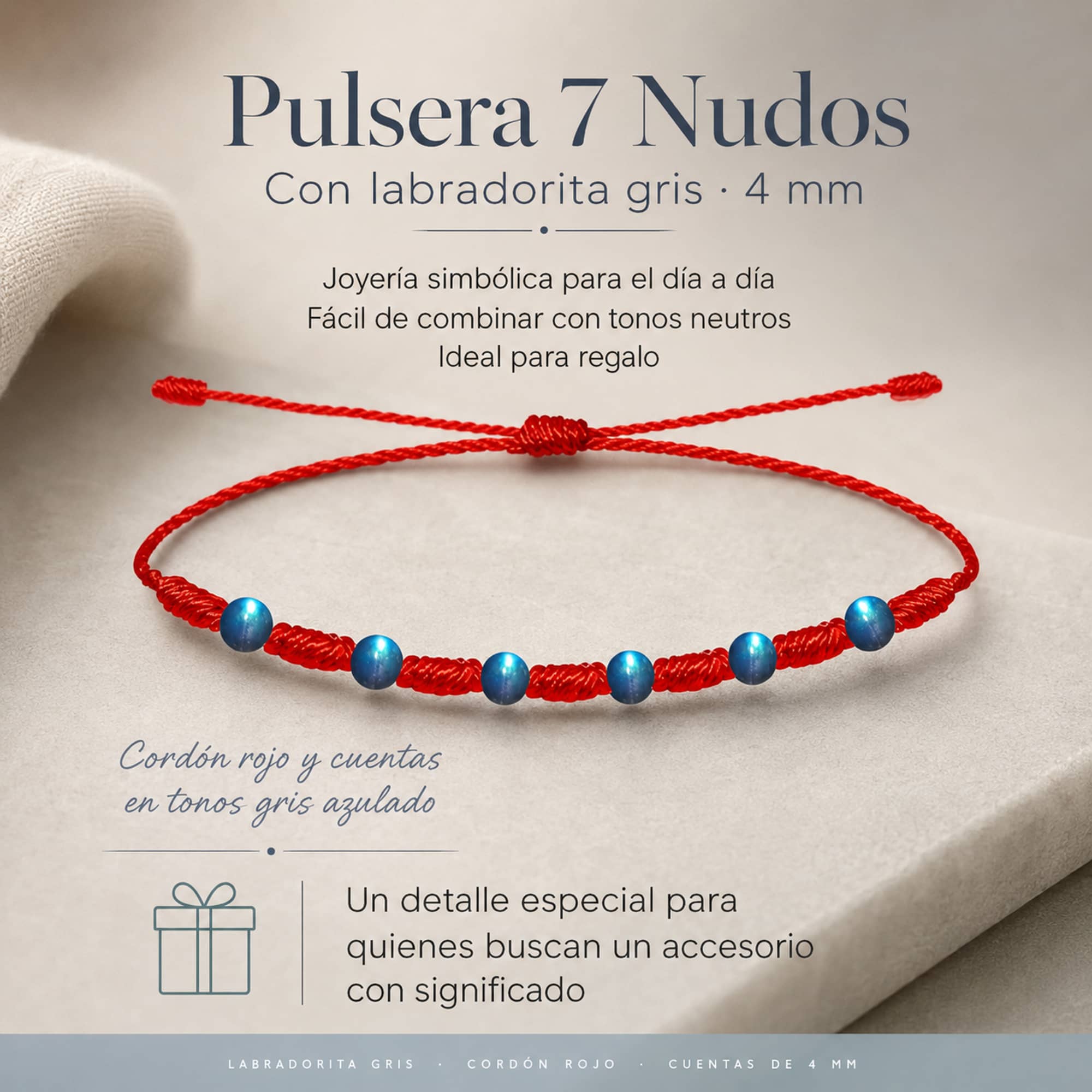 PULSERA 7 NUDOS CON  LABRADORITA GRIS 4MM
