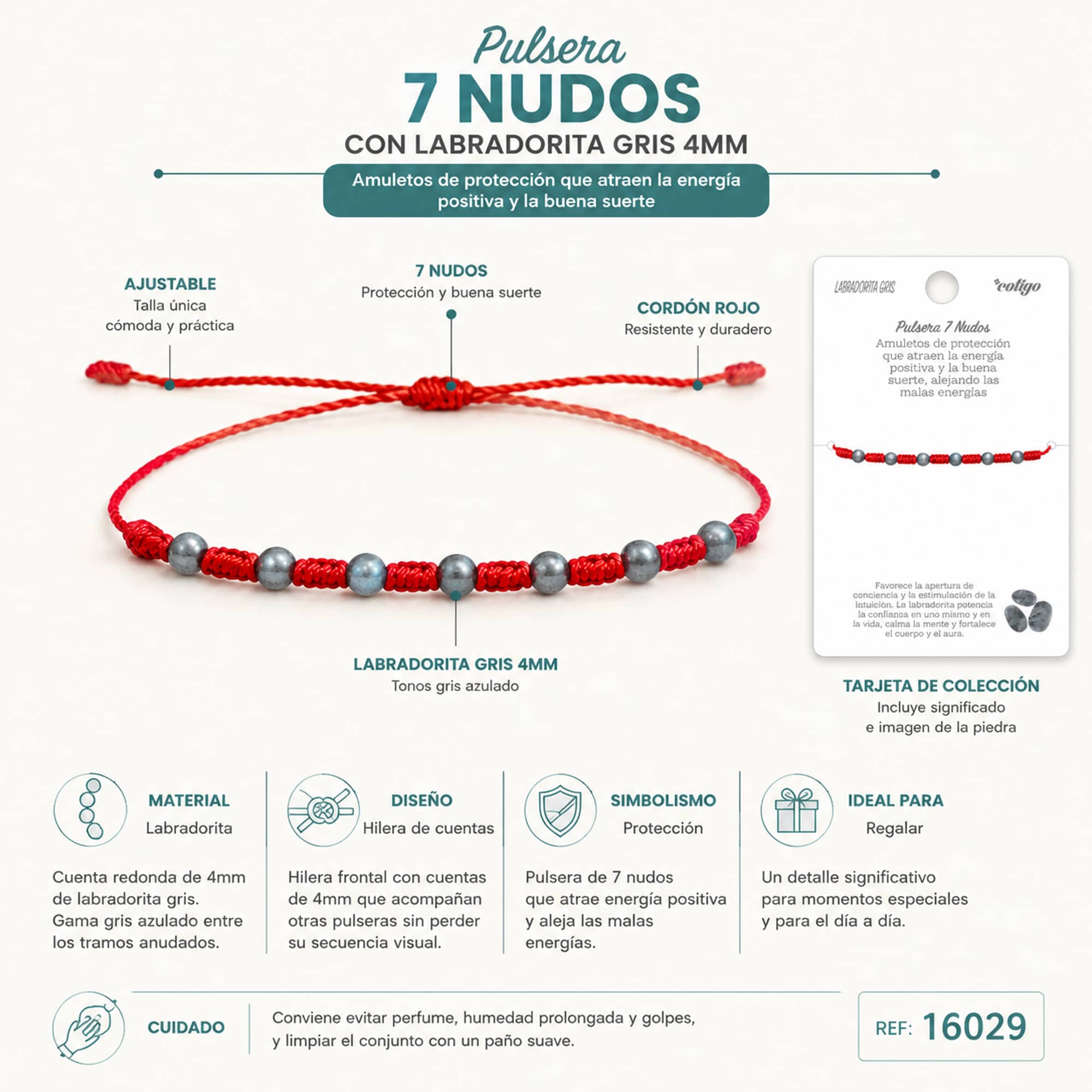 PULSERA 7 NUDOS CON  LABRADORITA GRIS 4MM