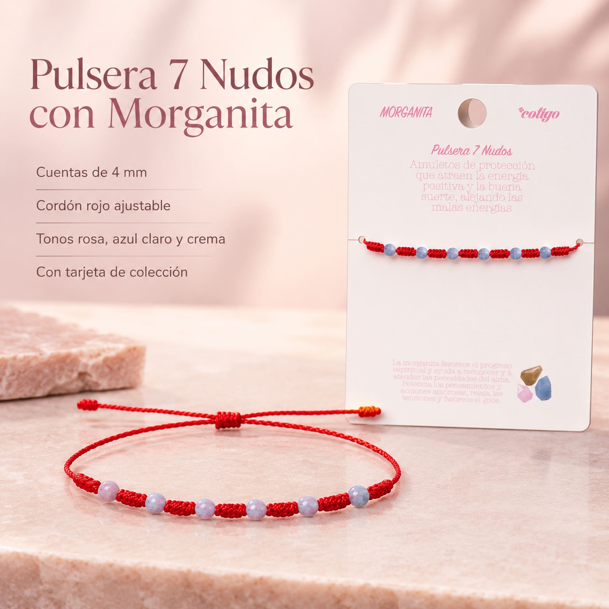 PULSERA 7 NUDOS CON  MORGANITA 4MM