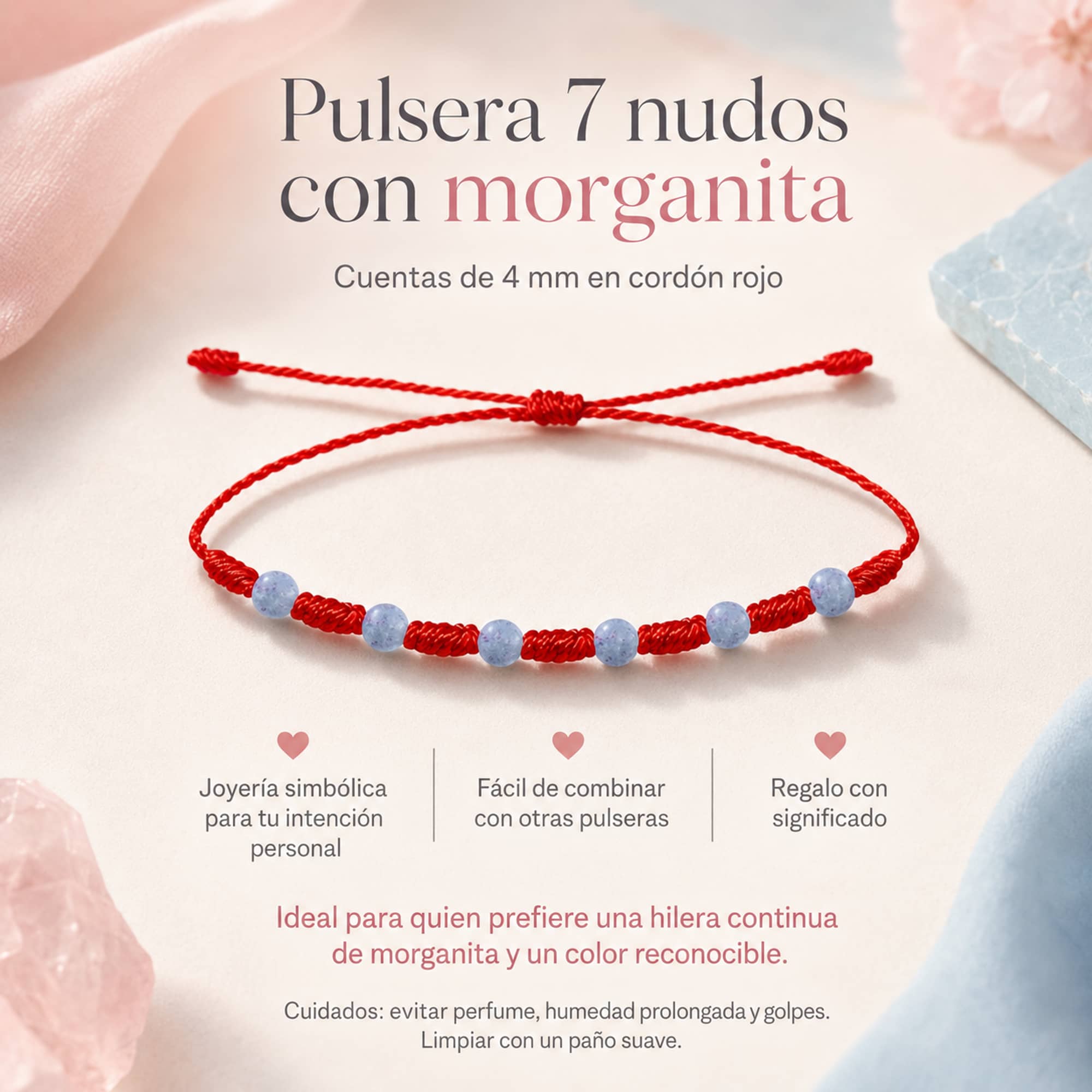 PULSERA 7 NUDOS CON  MORGANITA 4MM