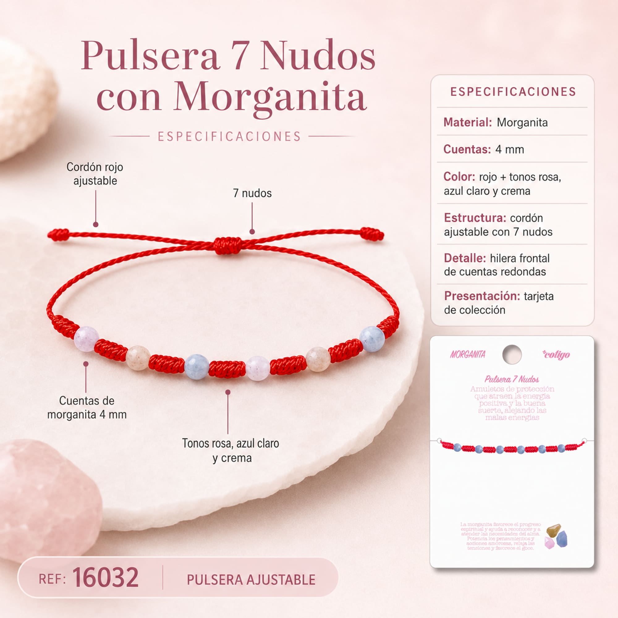 PULSERA 7 NUDOS CON  MORGANITA 4MM
