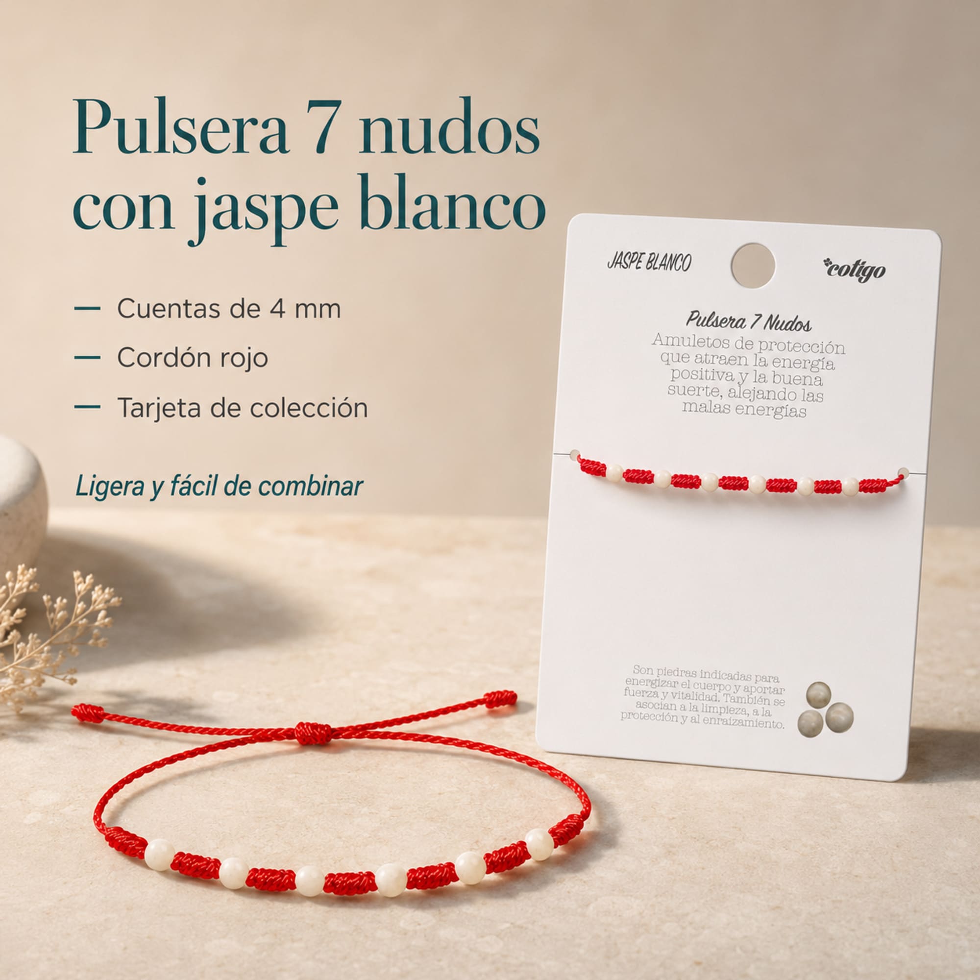 PULSERA 7 NUDOS CON  JASPE BLANCO 4MM