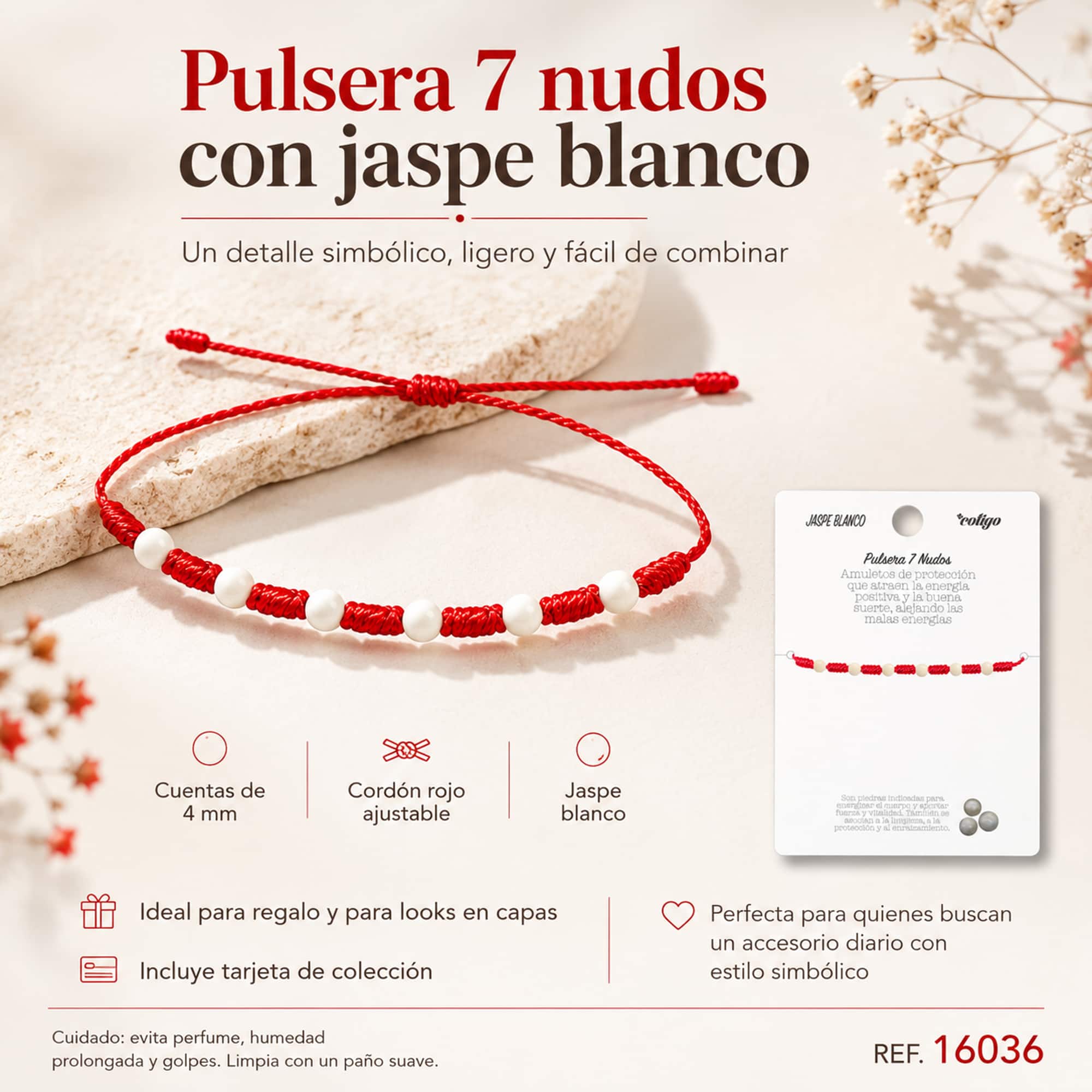 PULSERA 7 NUDOS CON  JASPE BLANCO 4MM