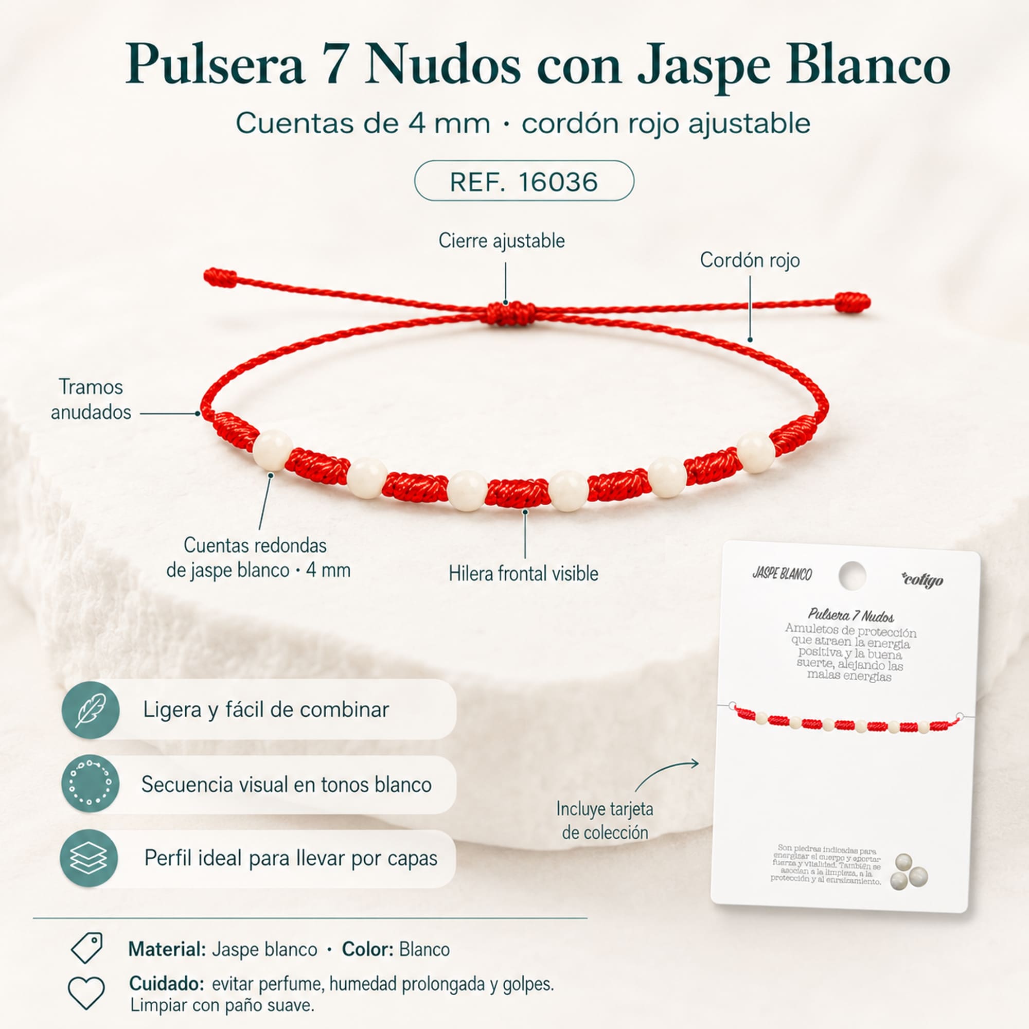 PULSERA 7 NUDOS CON  JASPE BLANCO 4MM