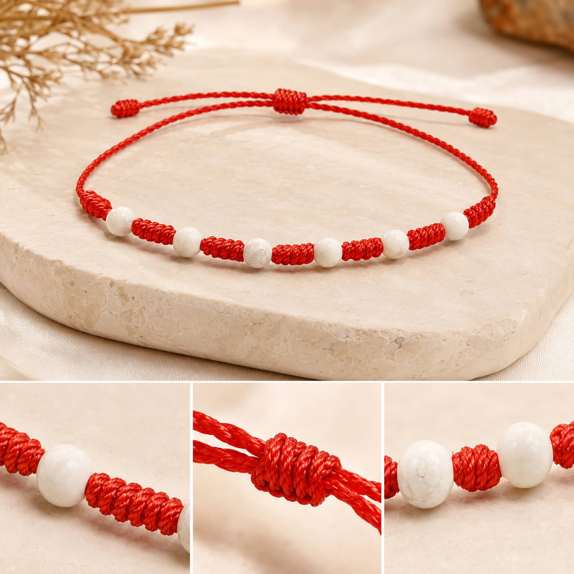 PULSERA 7 NUDOS CON  JASPE BLANCO 4MM