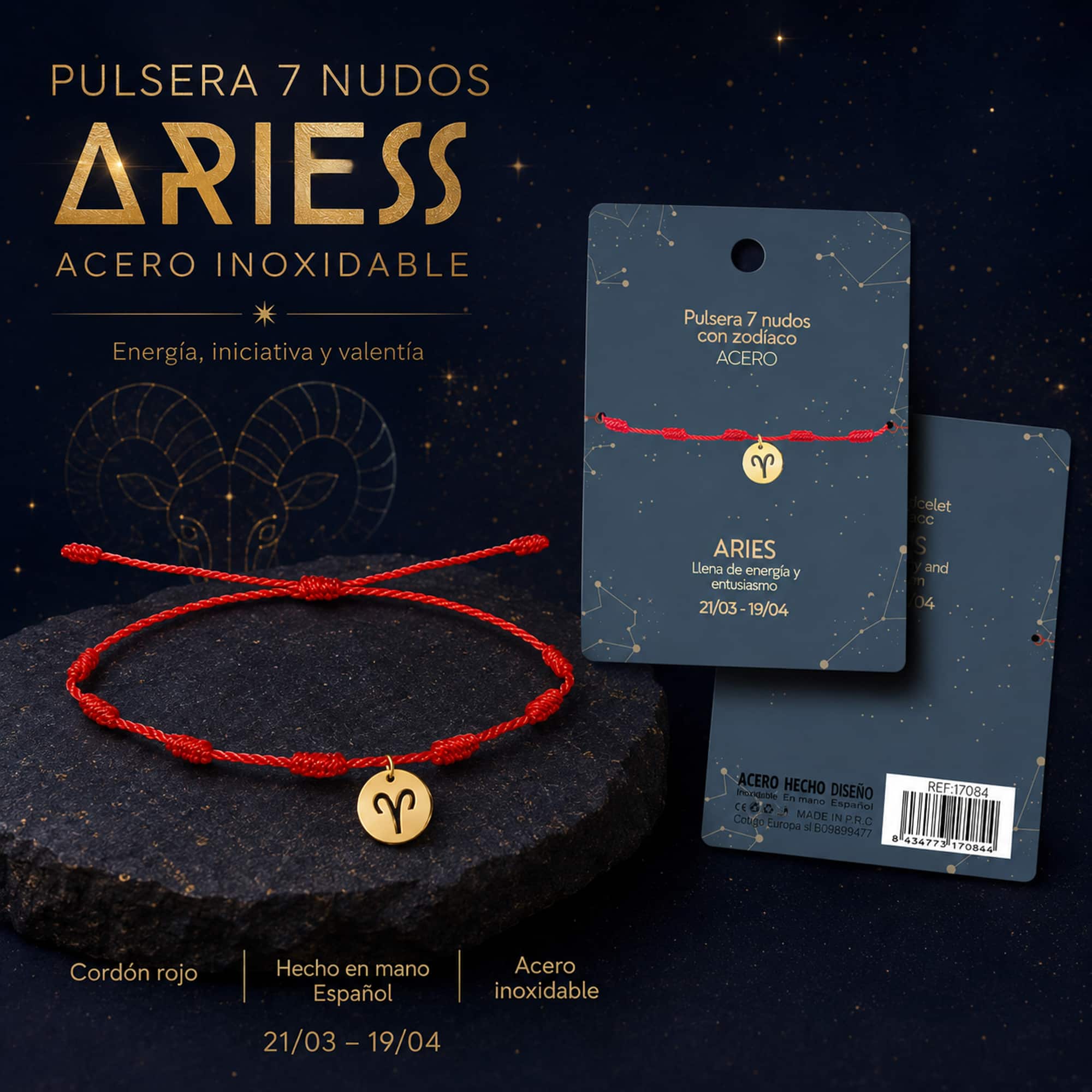 PULSERA 7 NUDOS CON ARIES ACERO. COLOR DORADO
