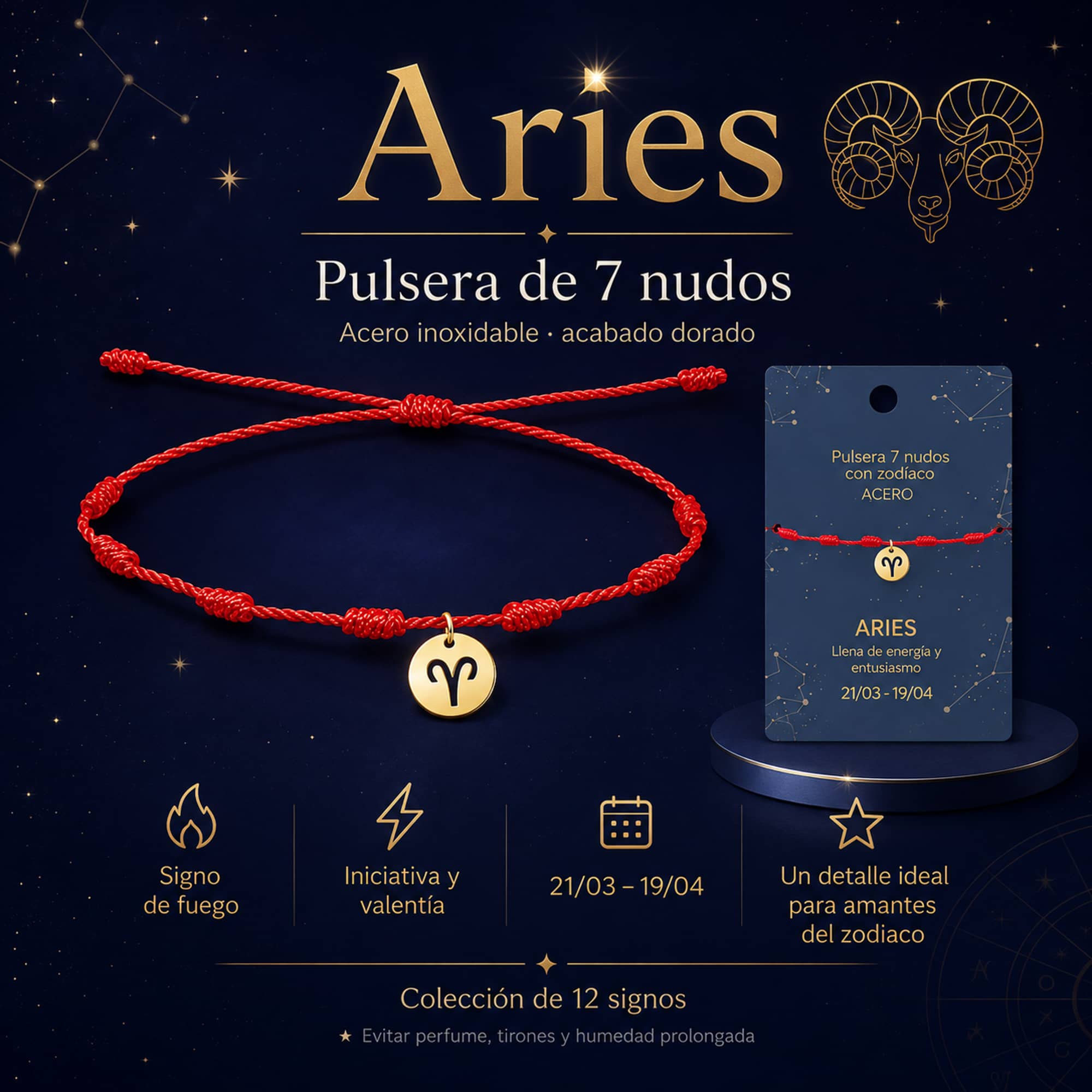 PULSERA 7 NUDOS CON ARIES ACERO. COLOR DORADO
