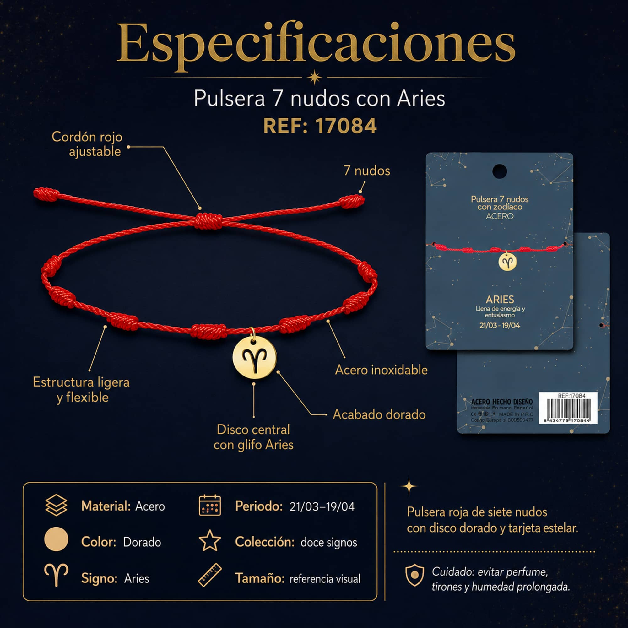 PULSERA 7 NUDOS CON ARIES ACERO. COLOR DORADO