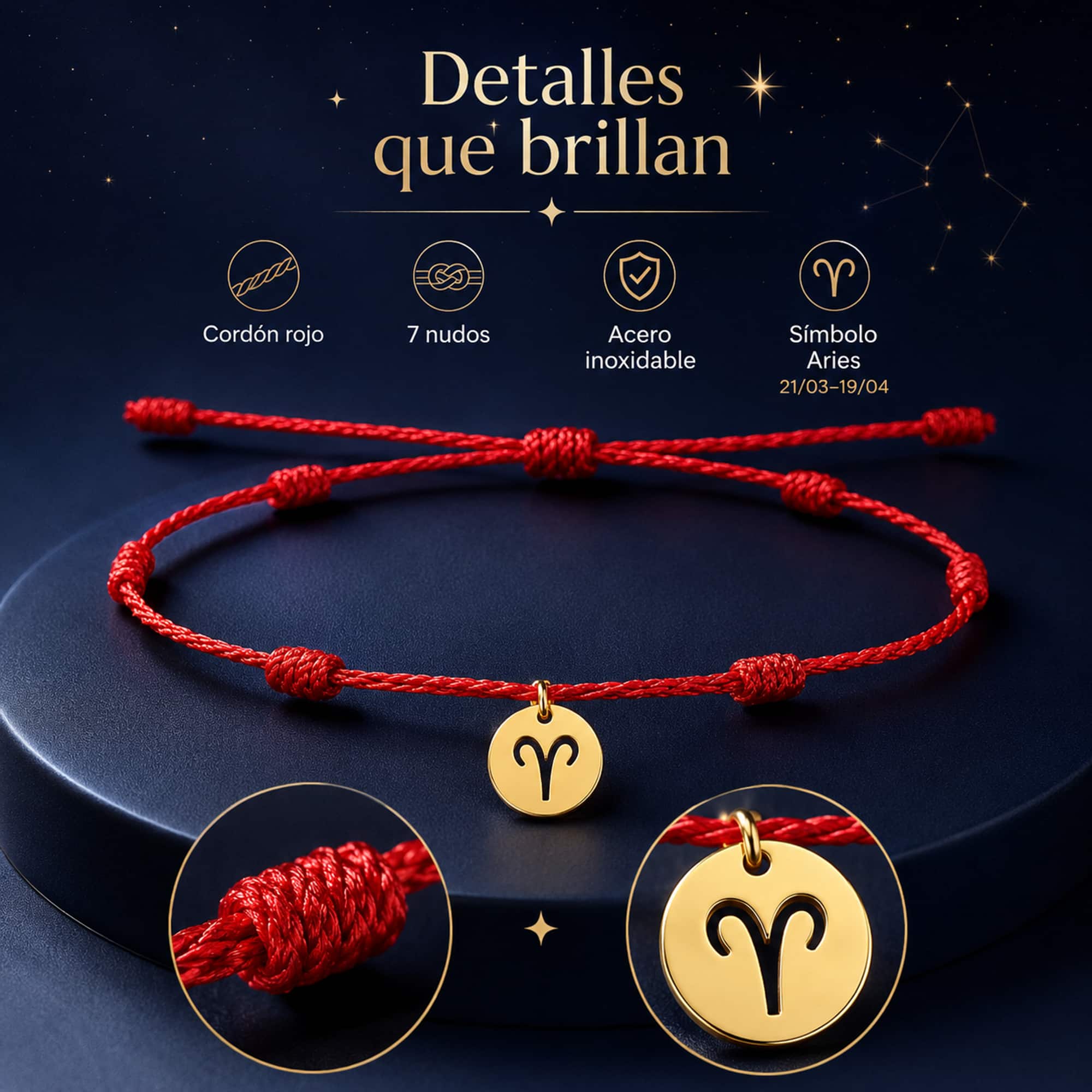 PULSERA 7 NUDOS CON ARIES ACERO. COLOR DORADO
