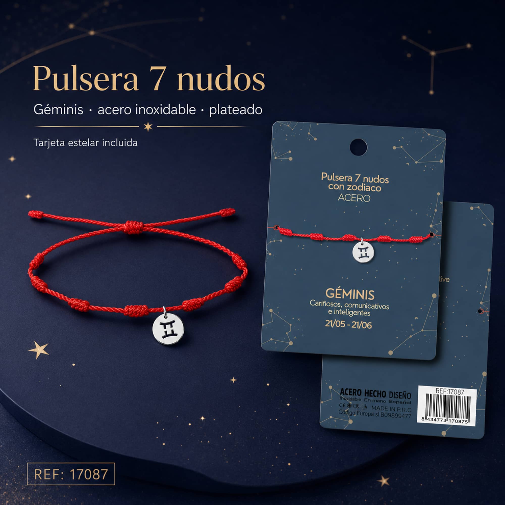 PULSERA 7 NUDOS CON GEMINIS ACERO. COLOR PLATEADO