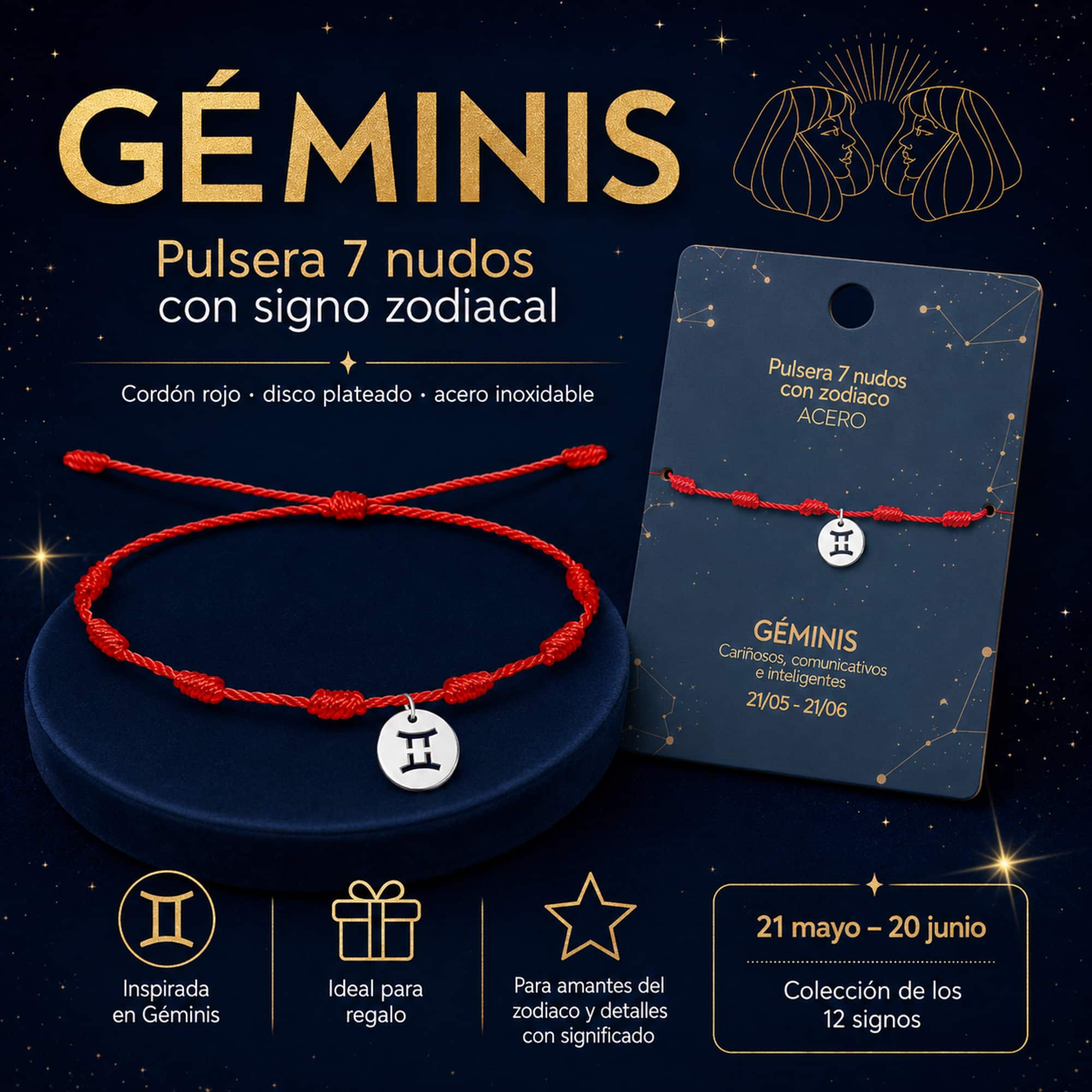 PULSERA 7 NUDOS CON GEMINIS ACERO. COLOR PLATEADO