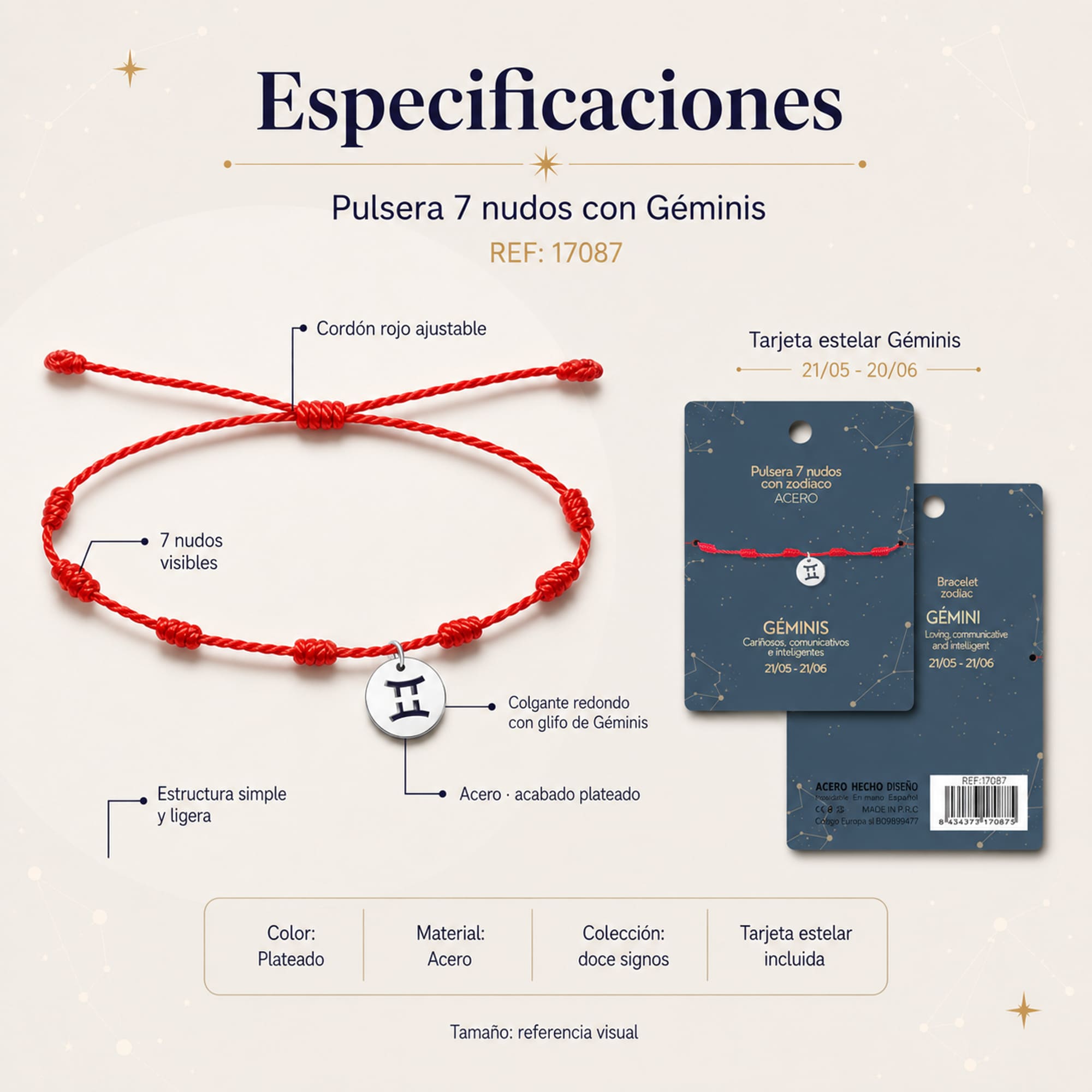 PULSERA 7 NUDOS CON GEMINIS ACERO. COLOR PLATEADO