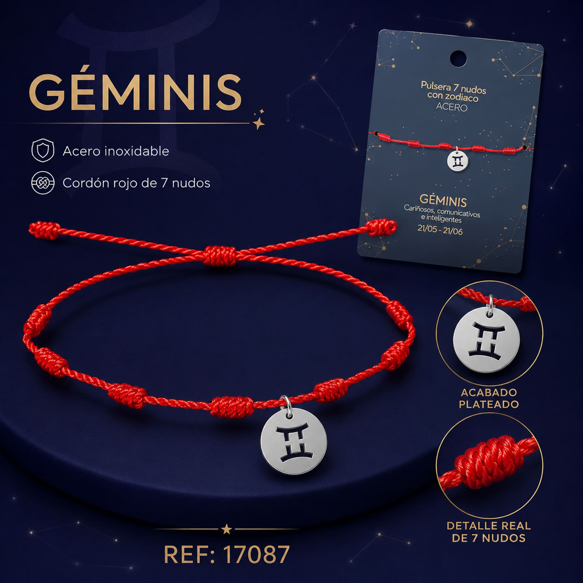 PULSERA 7 NUDOS CON GEMINIS ACERO. COLOR PLATEADO