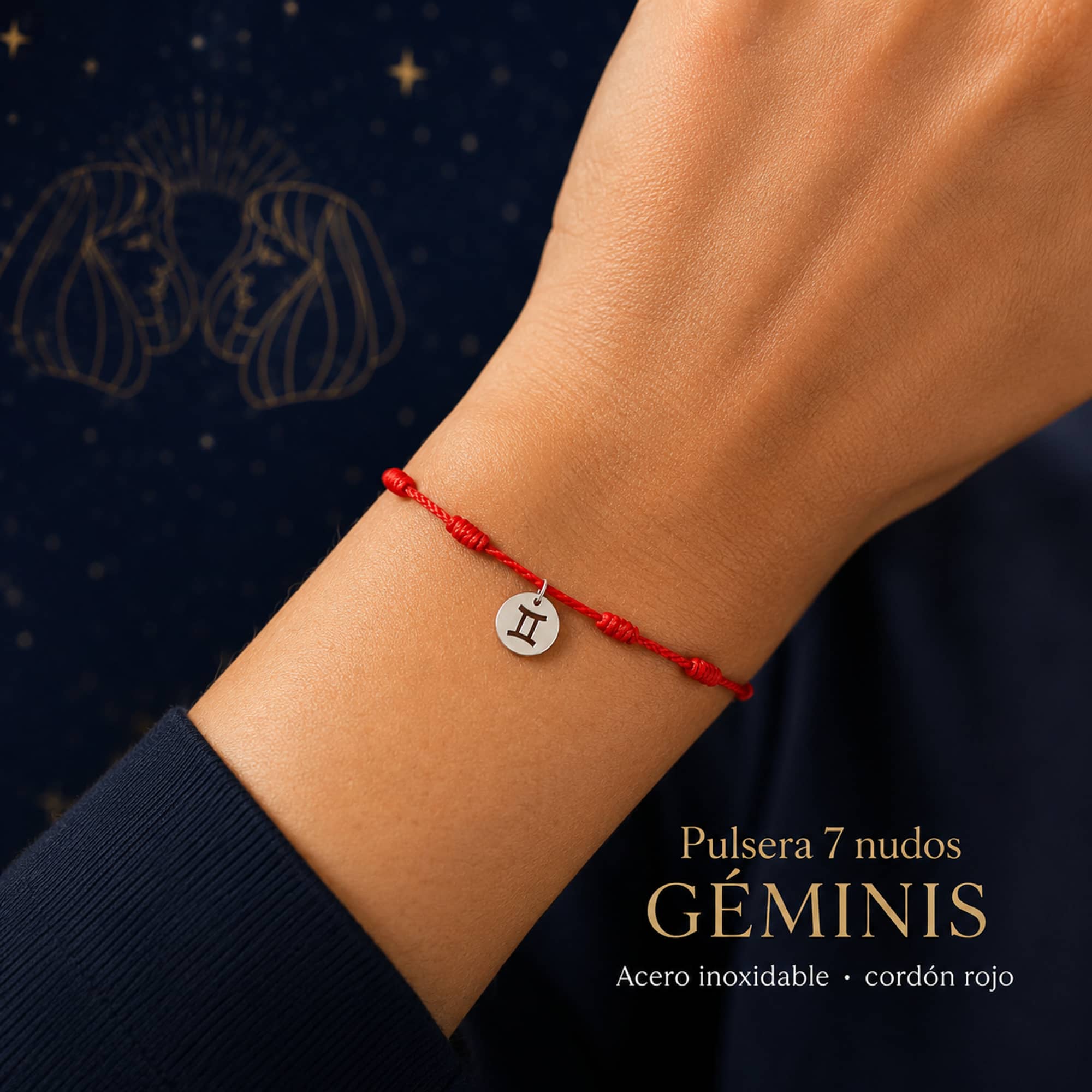 PULSERA 7 NUDOS CON GEMINIS ACERO. COLOR PLATEADO