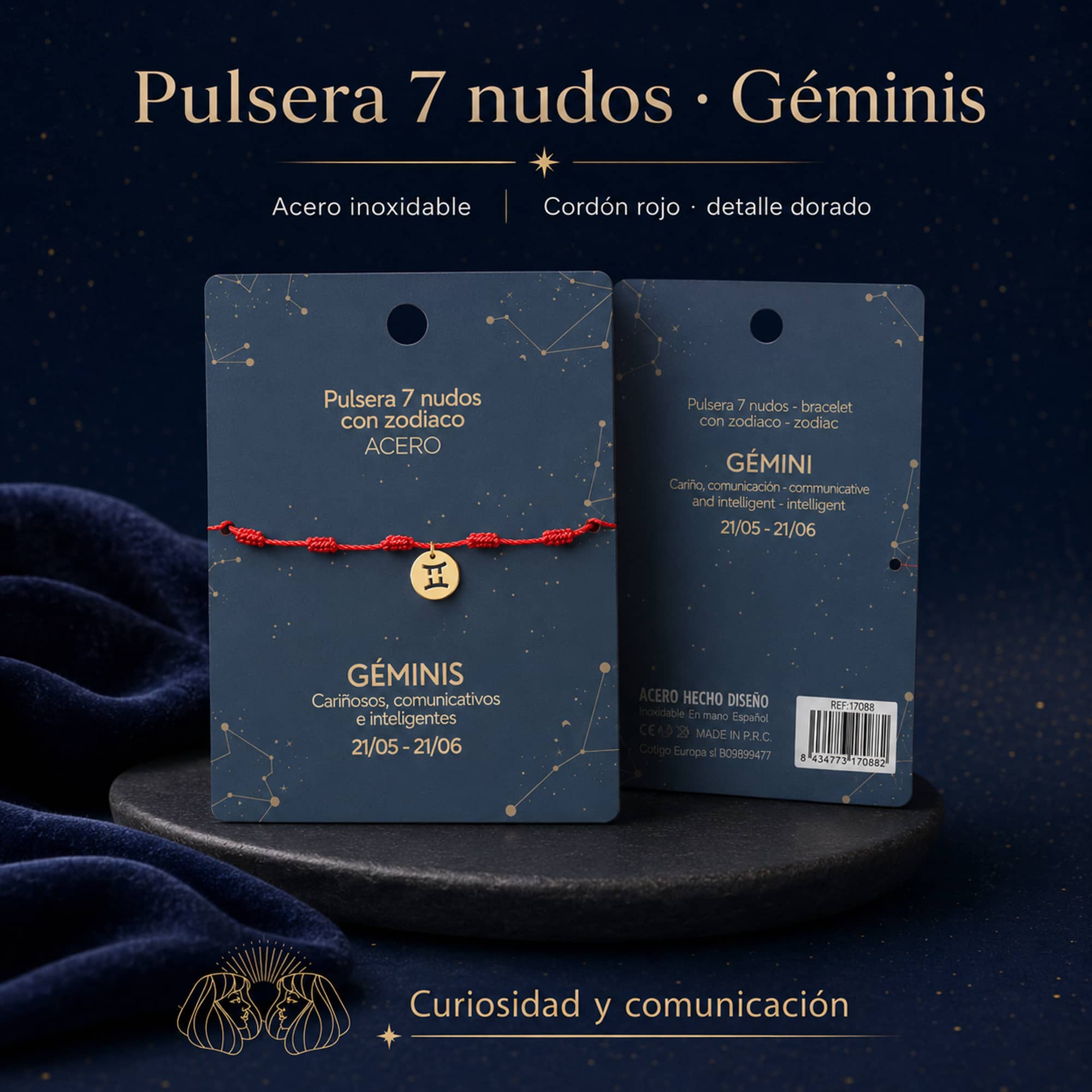 PULSERA 7 NUDOS CON GEMINIS ACERO. COLOR DORADO