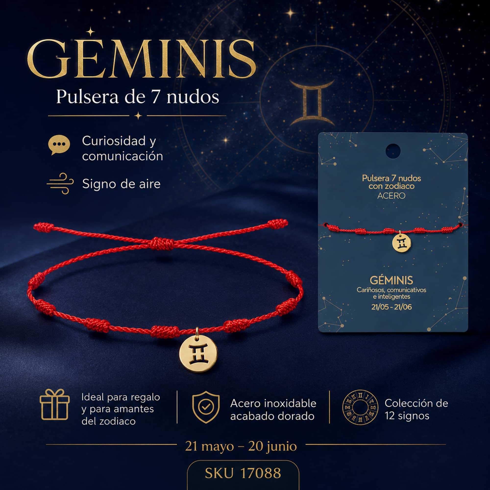 PULSERA 7 NUDOS CON GEMINIS ACERO. COLOR DORADO