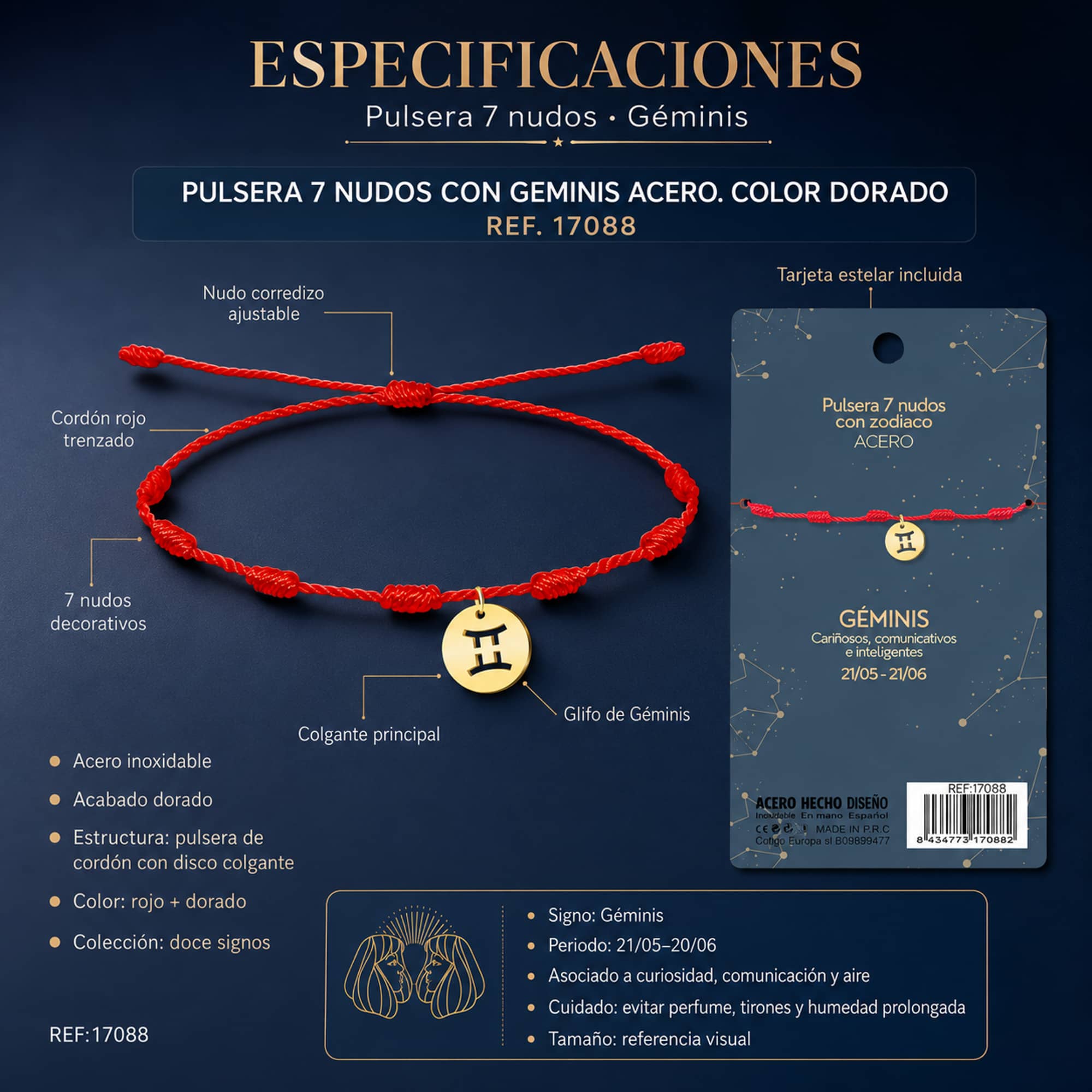 PULSERA 7 NUDOS CON GEMINIS ACERO. COLOR DORADO