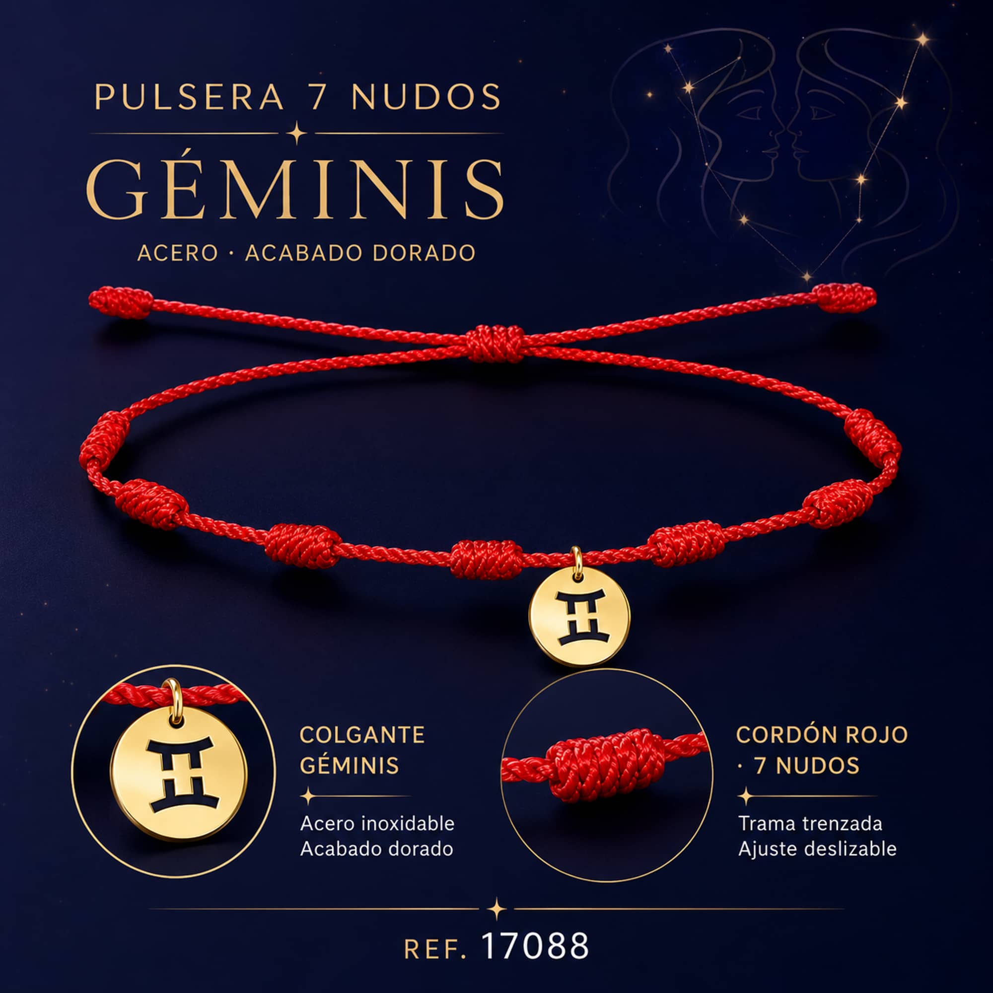 PULSERA 7 NUDOS CON GEMINIS ACERO. COLOR DORADO