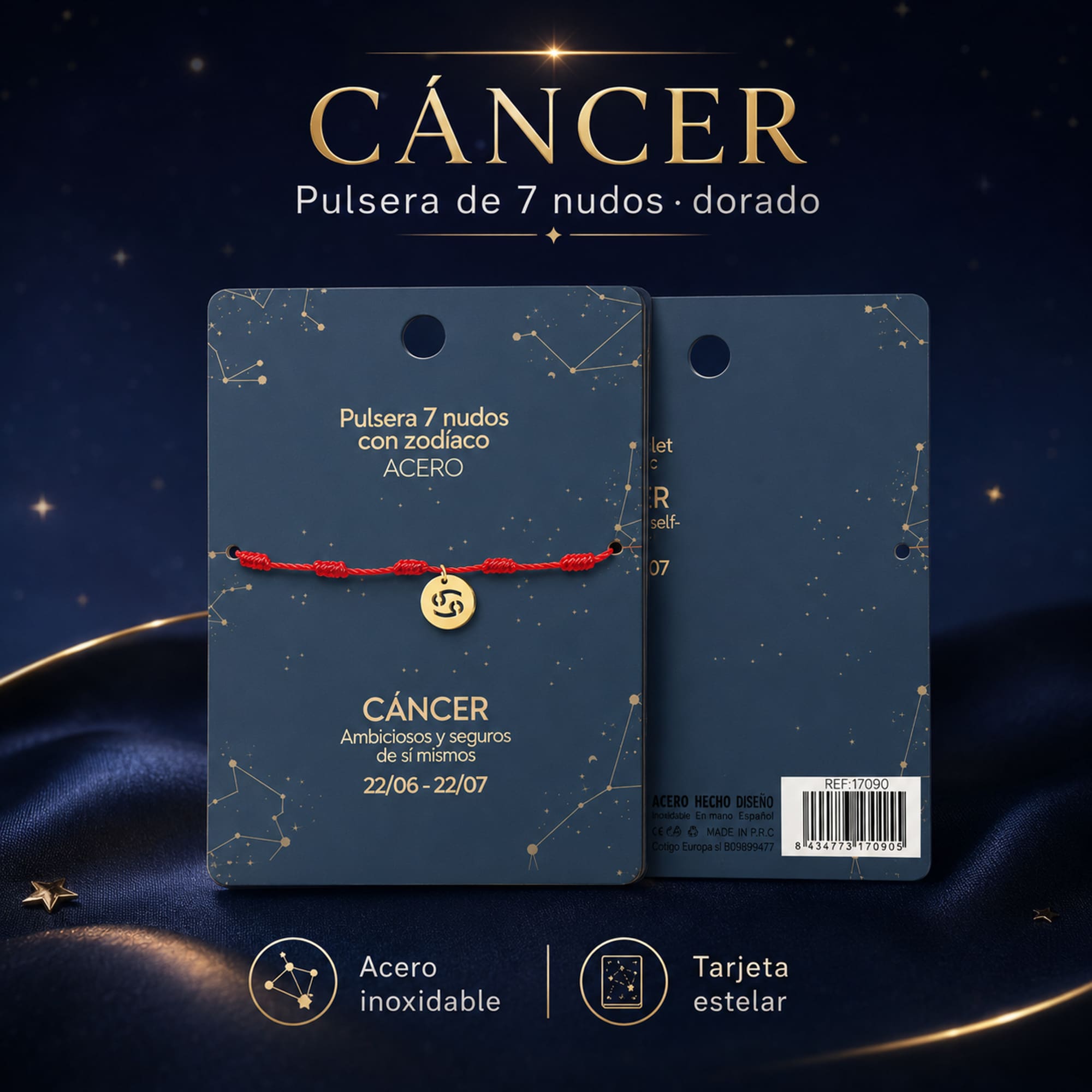 PULSERA 7 NUDOS CON CANCER ACERO. COLOR DORADO