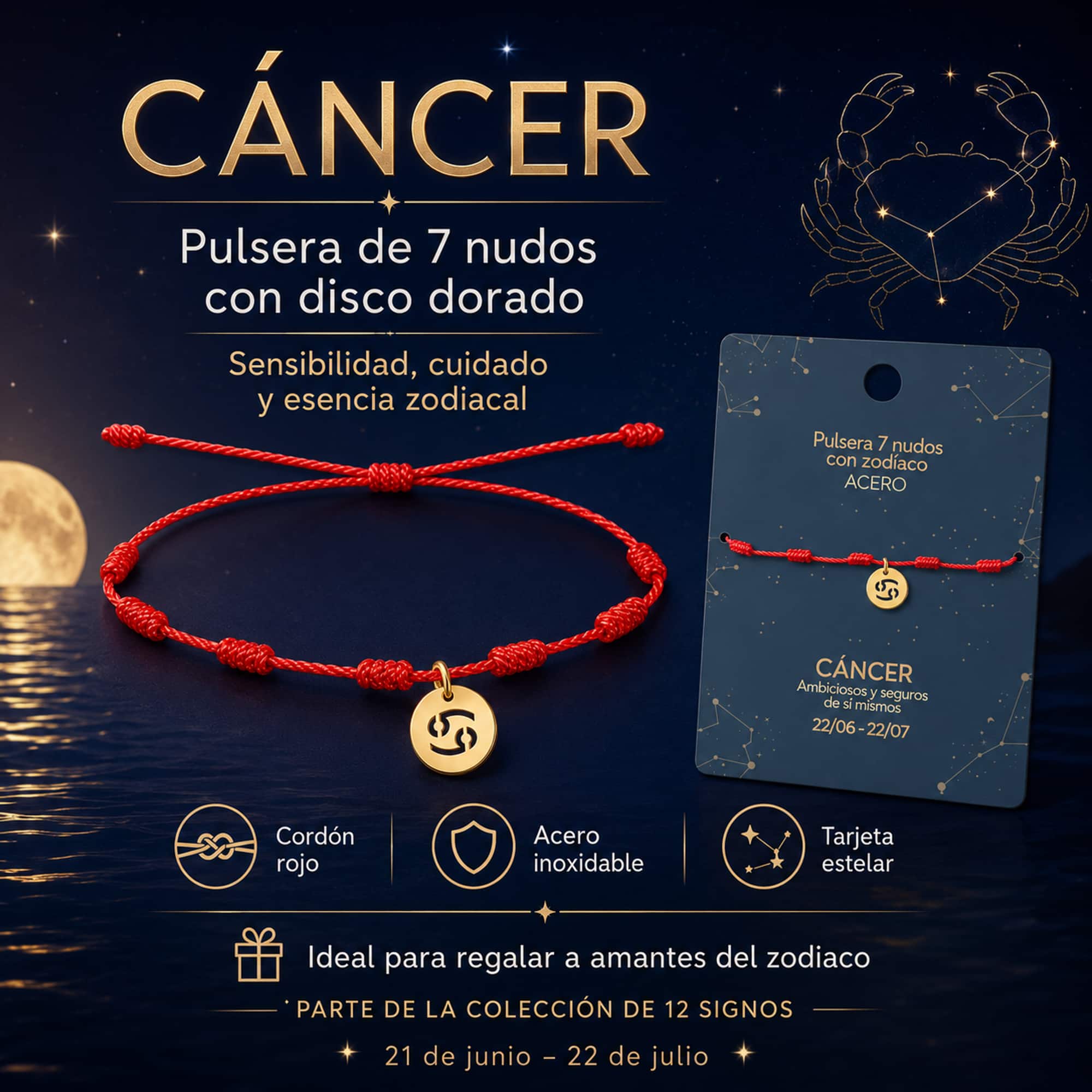 PULSERA 7 NUDOS CON CANCER ACERO. COLOR DORADO