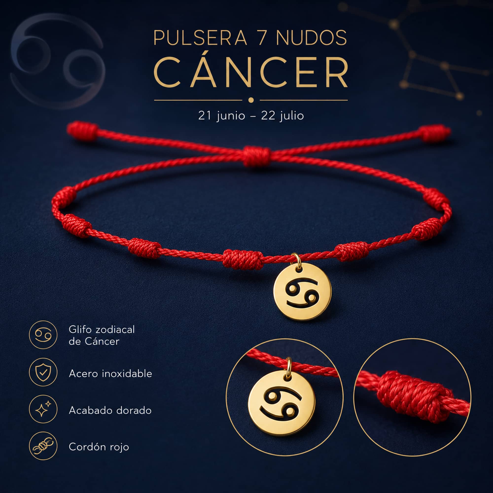 PULSERA 7 NUDOS CON CANCER ACERO. COLOR DORADO