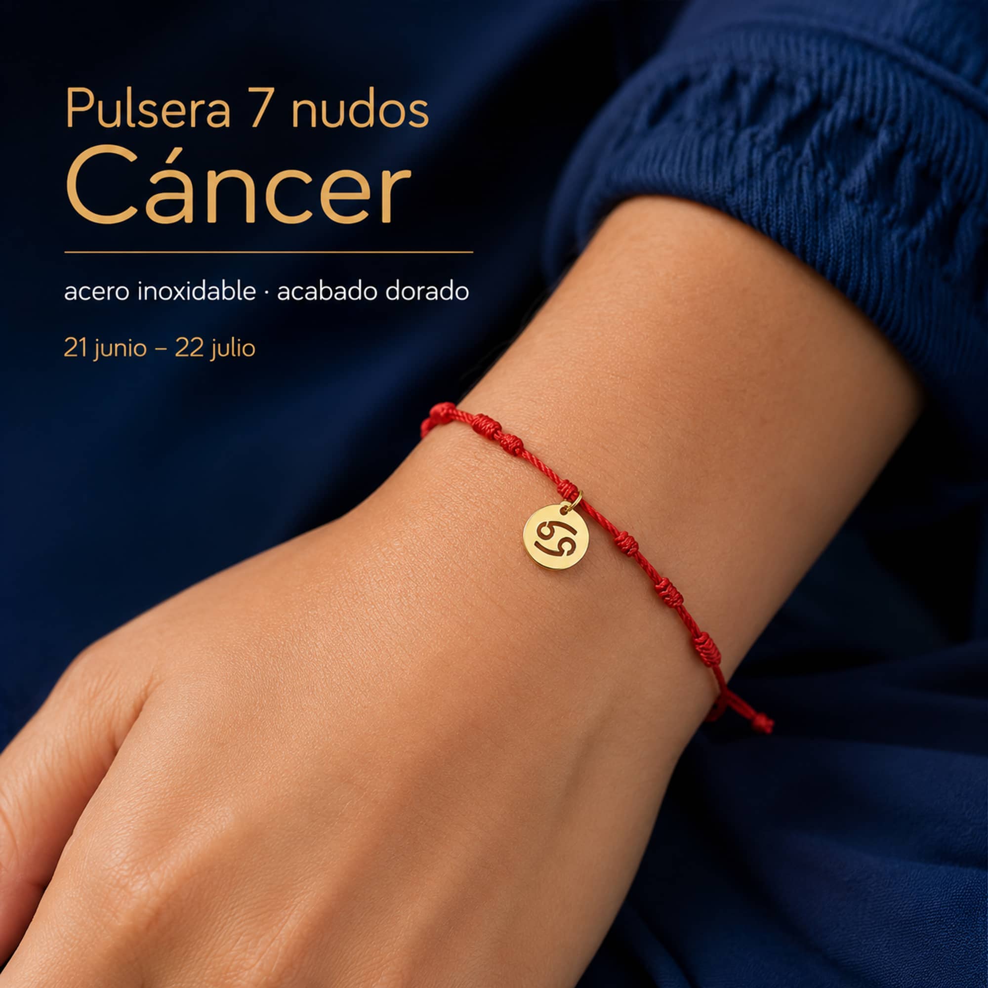 PULSERA 7 NUDOS CON CANCER ACERO. COLOR DORADO