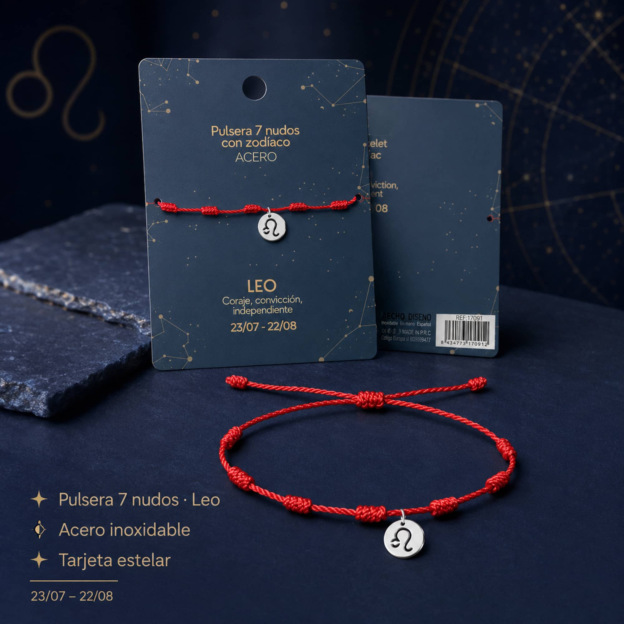 PULSERA 7 NUDOS CON LEO ACERO. COLOR PLATEADO