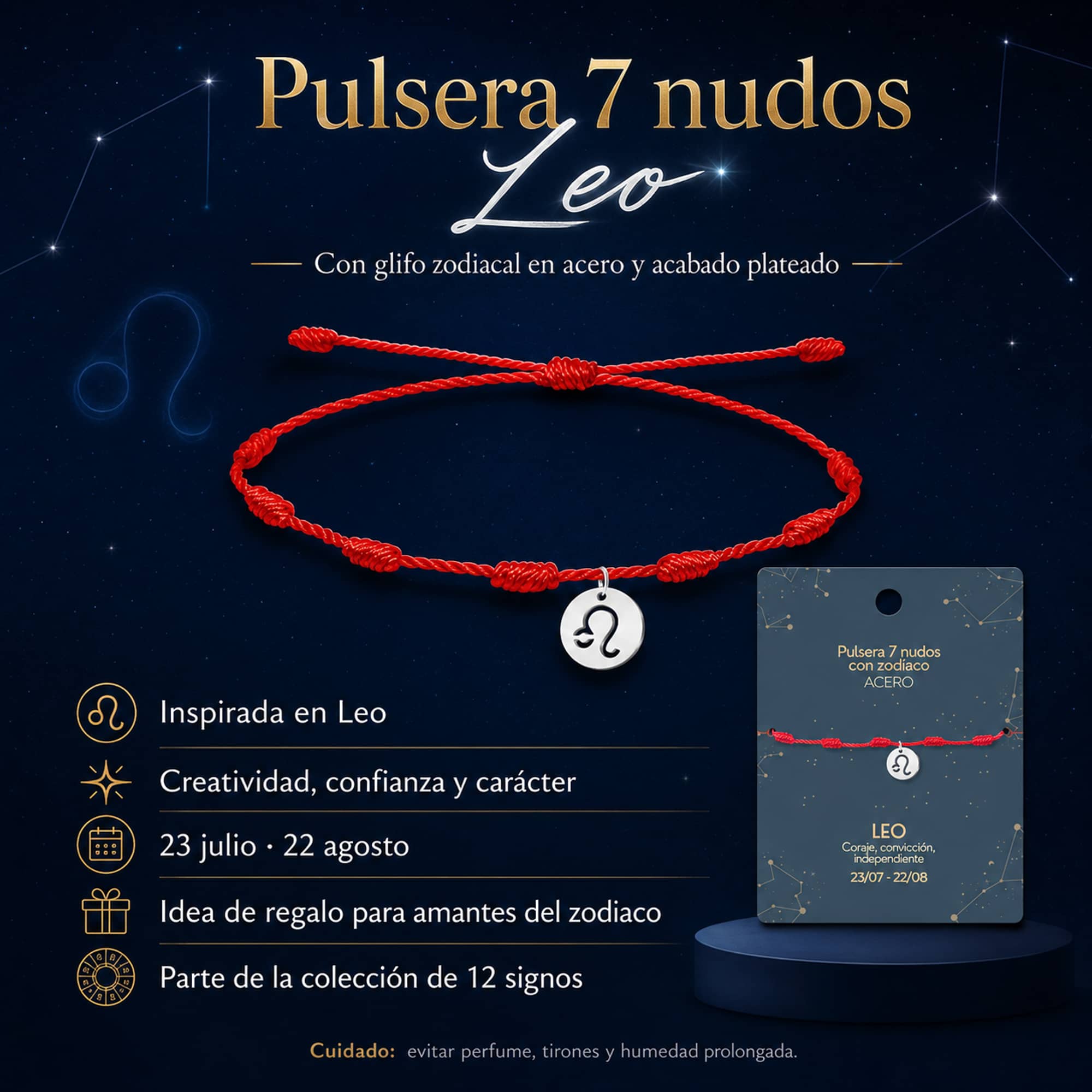 PULSERA 7 NUDOS CON LEO ACERO. COLOR PLATEADO