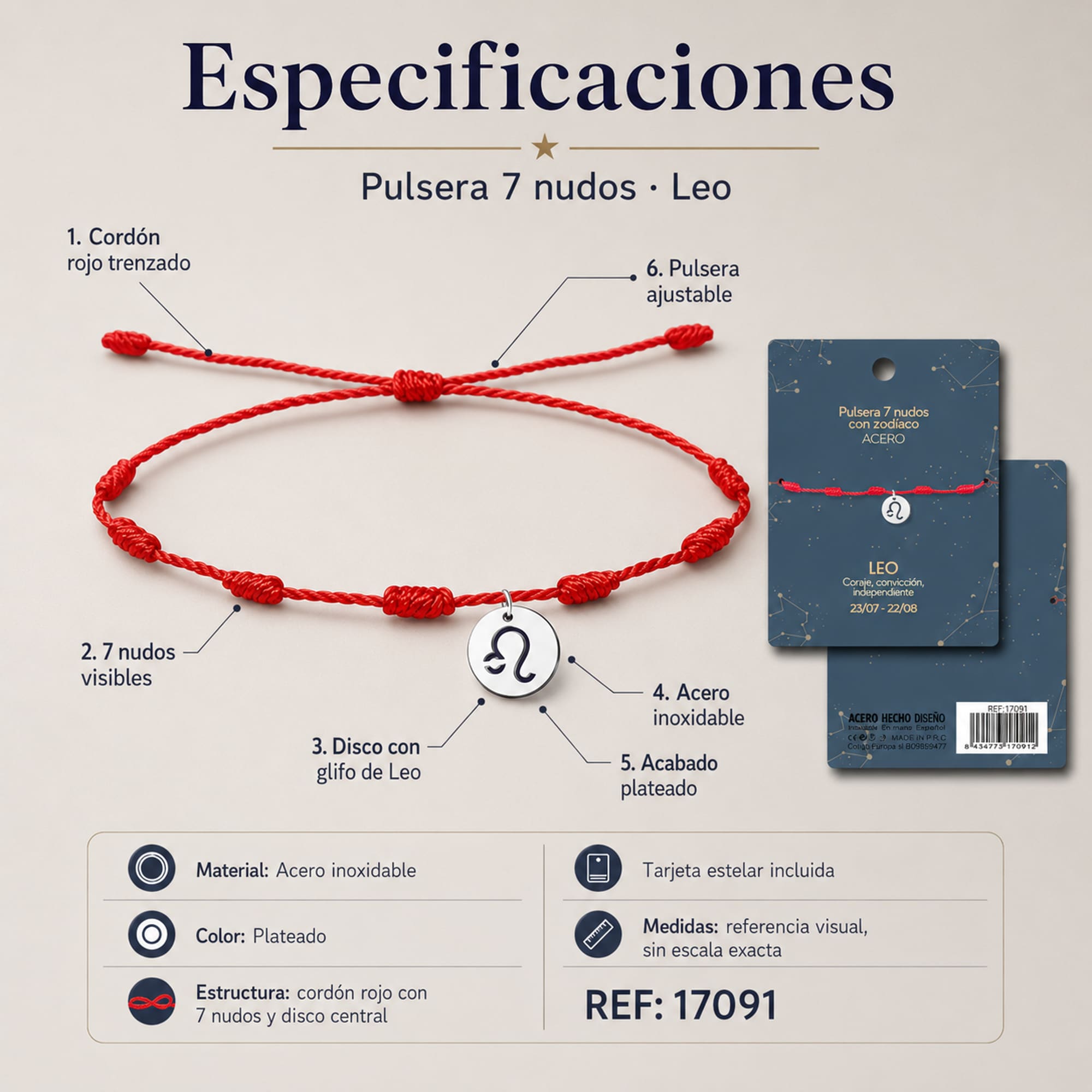 PULSERA 7 NUDOS CON LEO ACERO. COLOR PLATEADO