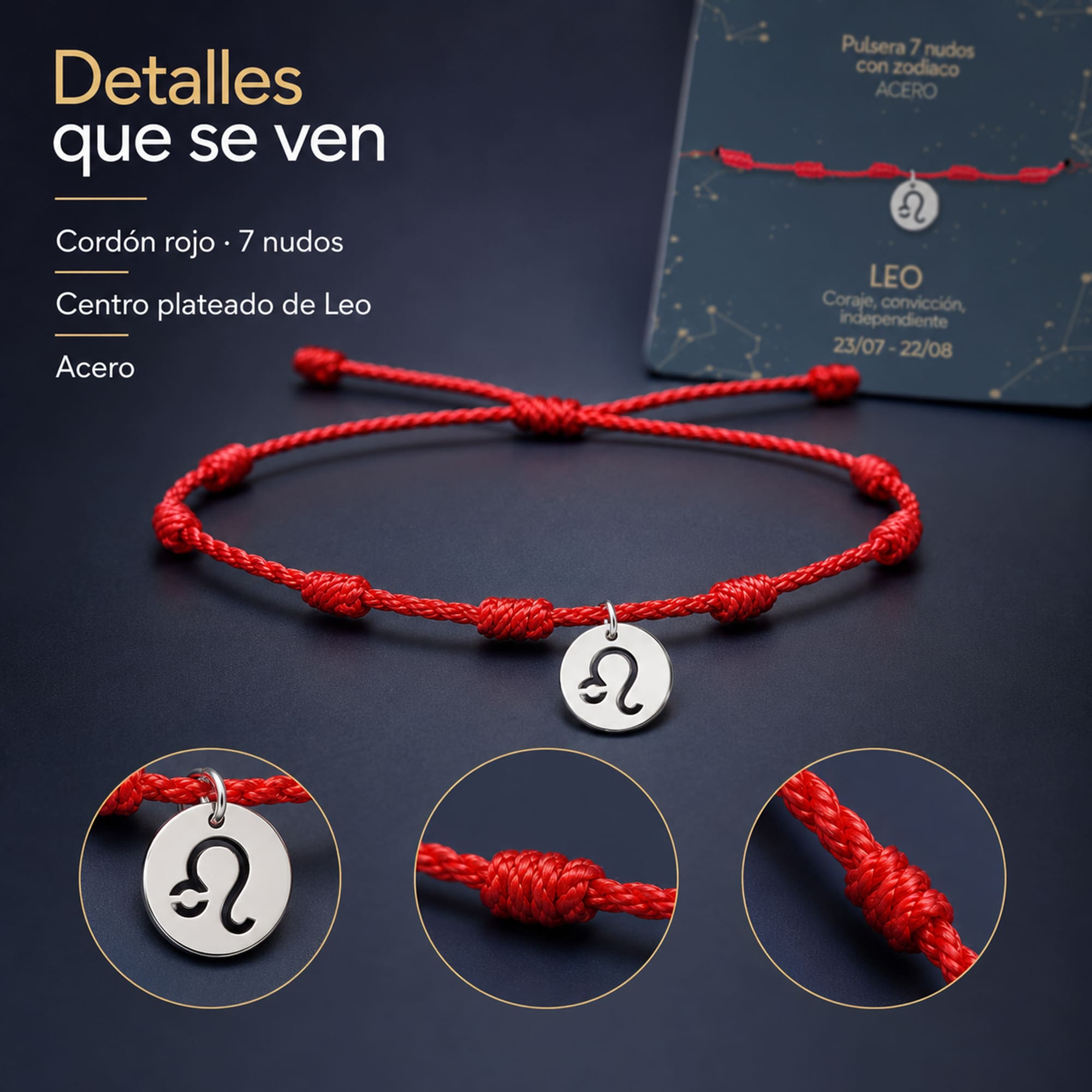 PULSERA 7 NUDOS CON LEO ACERO. COLOR PLATEADO