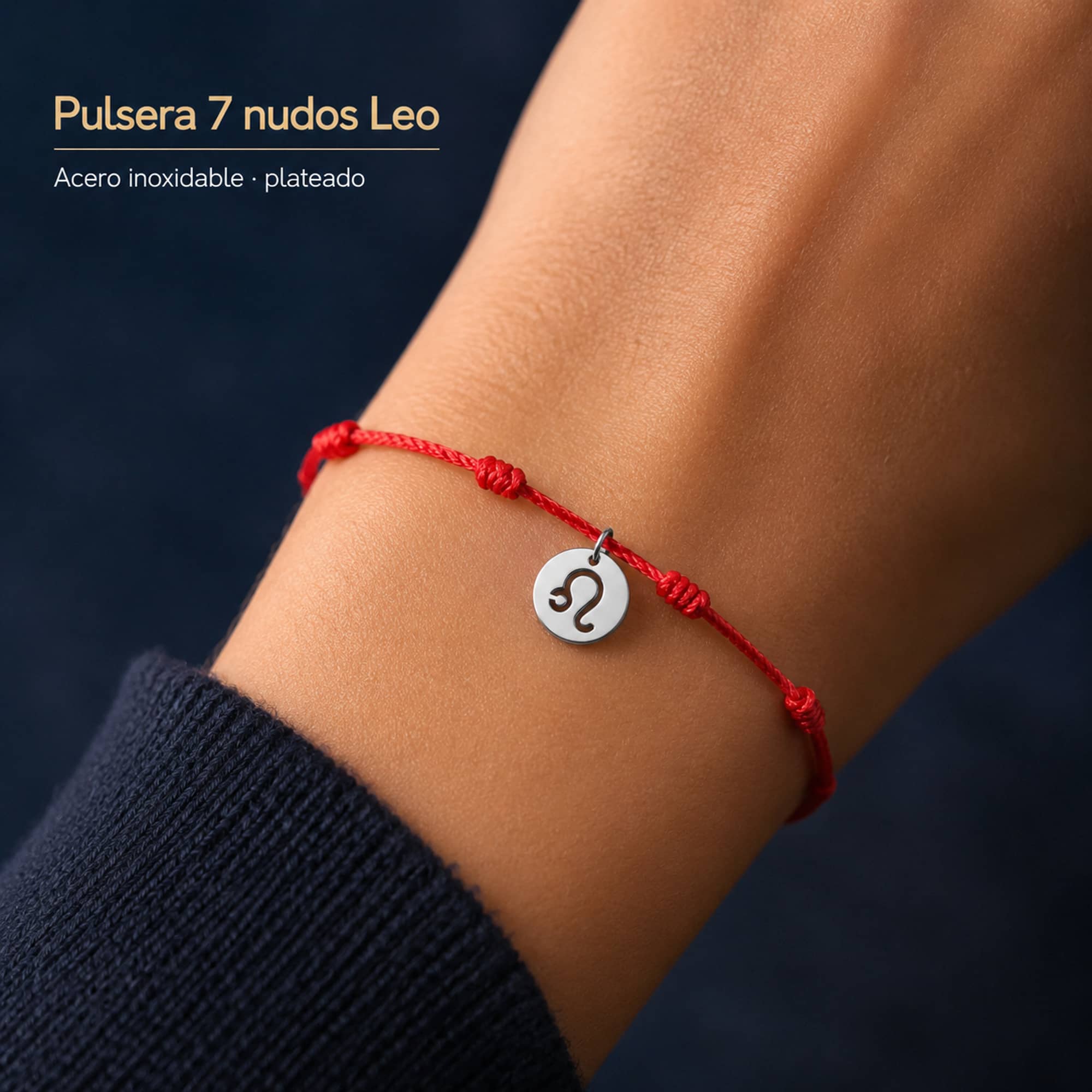 PULSERA 7 NUDOS CON LEO ACERO. COLOR PLATEADO