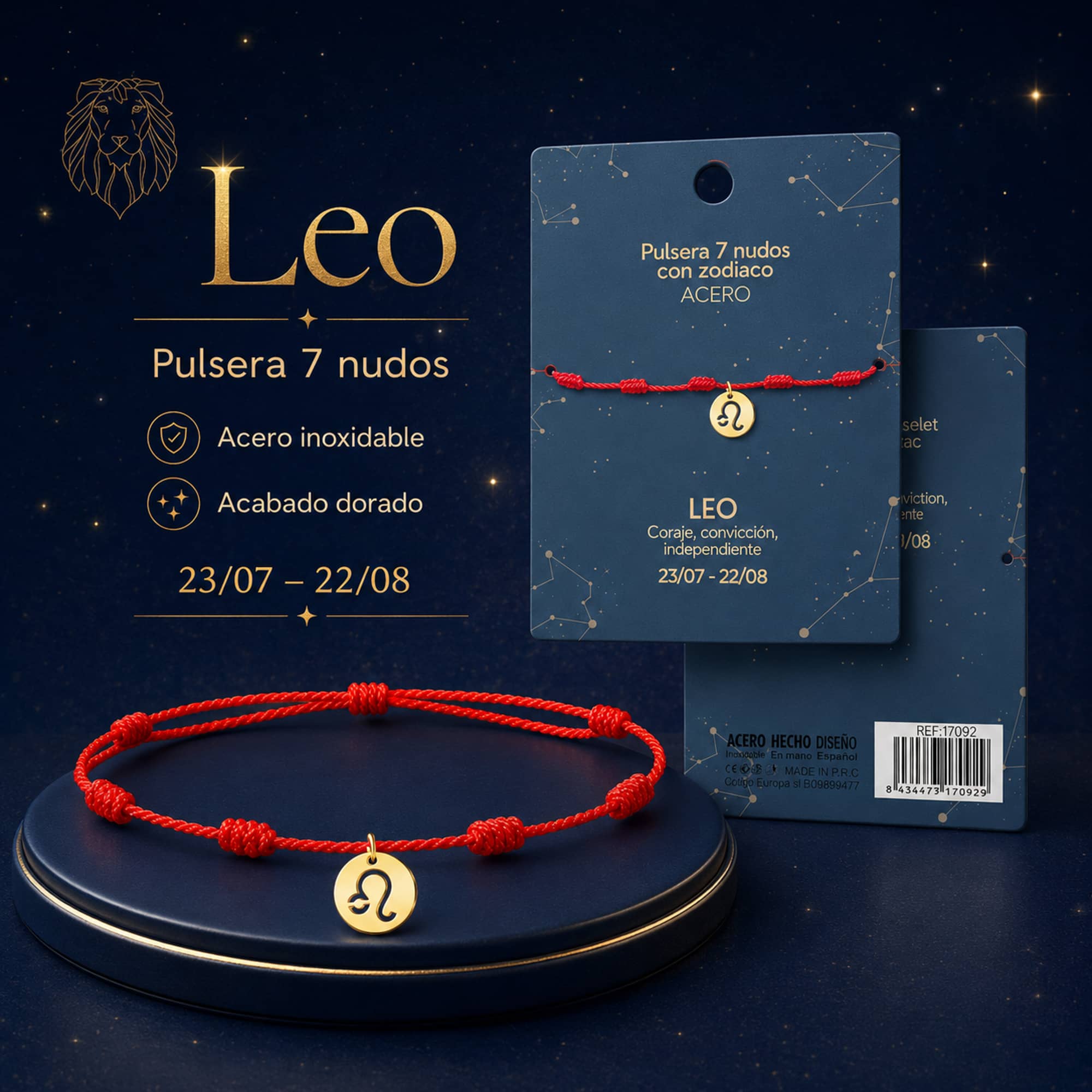 PULSERA 7 NUDOS CON LEO ACERO. COLOR DORADO
