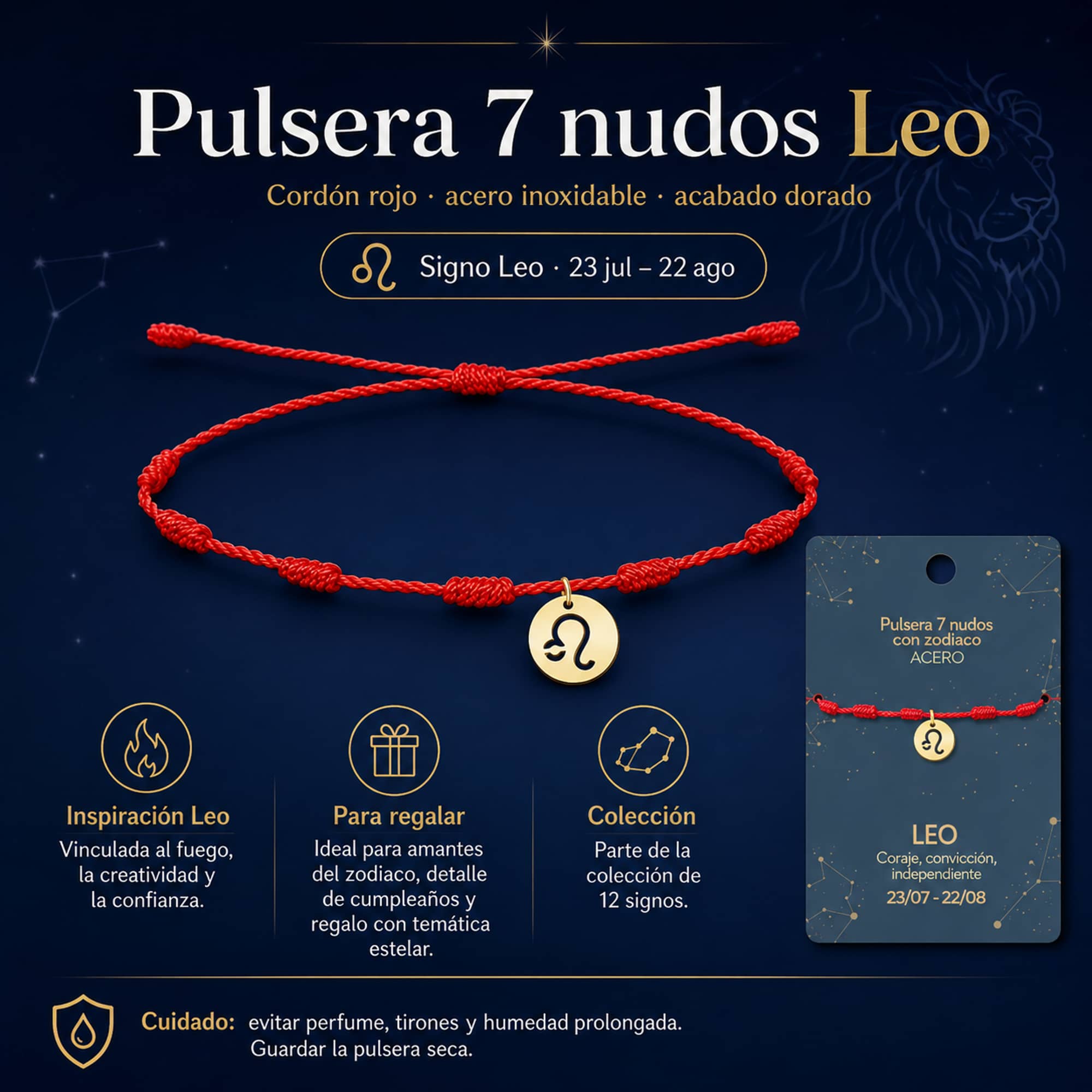 PULSERA 7 NUDOS CON LEO ACERO. COLOR DORADO