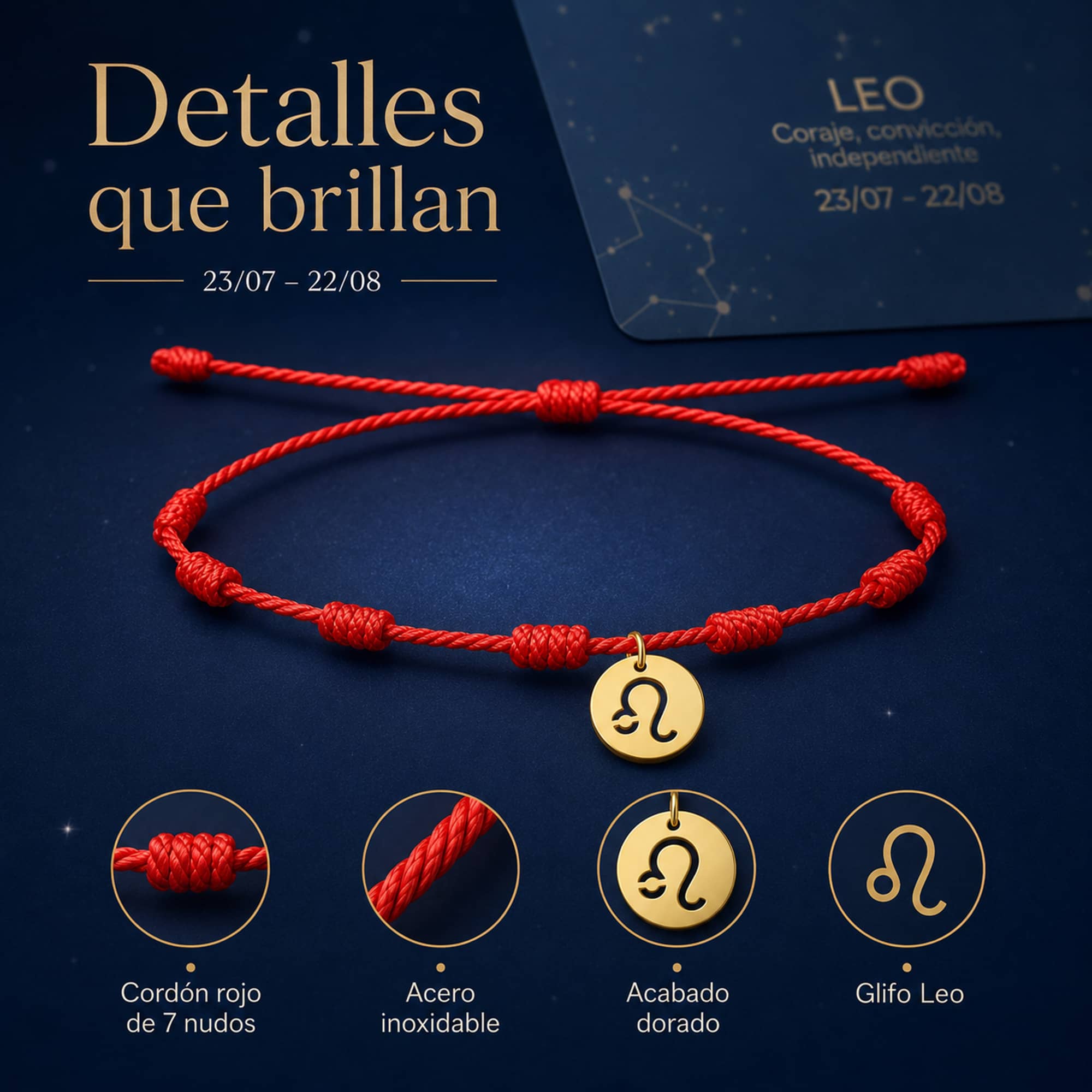 PULSERA 7 NUDOS CON LEO ACERO. COLOR DORADO