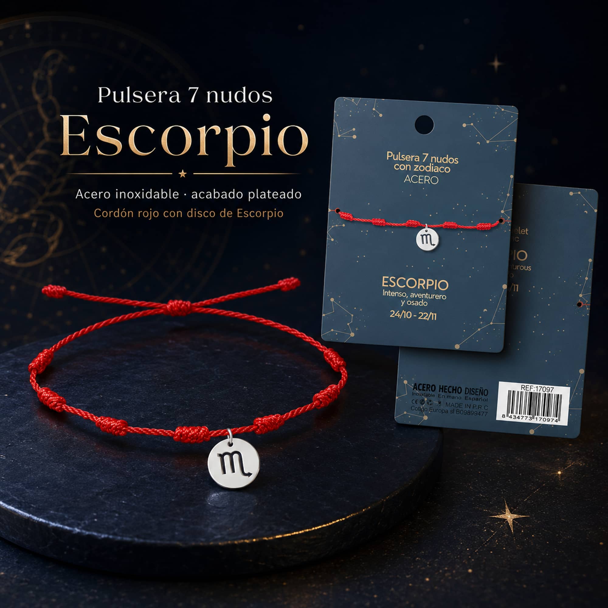 PULSERA 7 NUDOS CON ESCORPIO ACERO. COLOR PLATEADO
