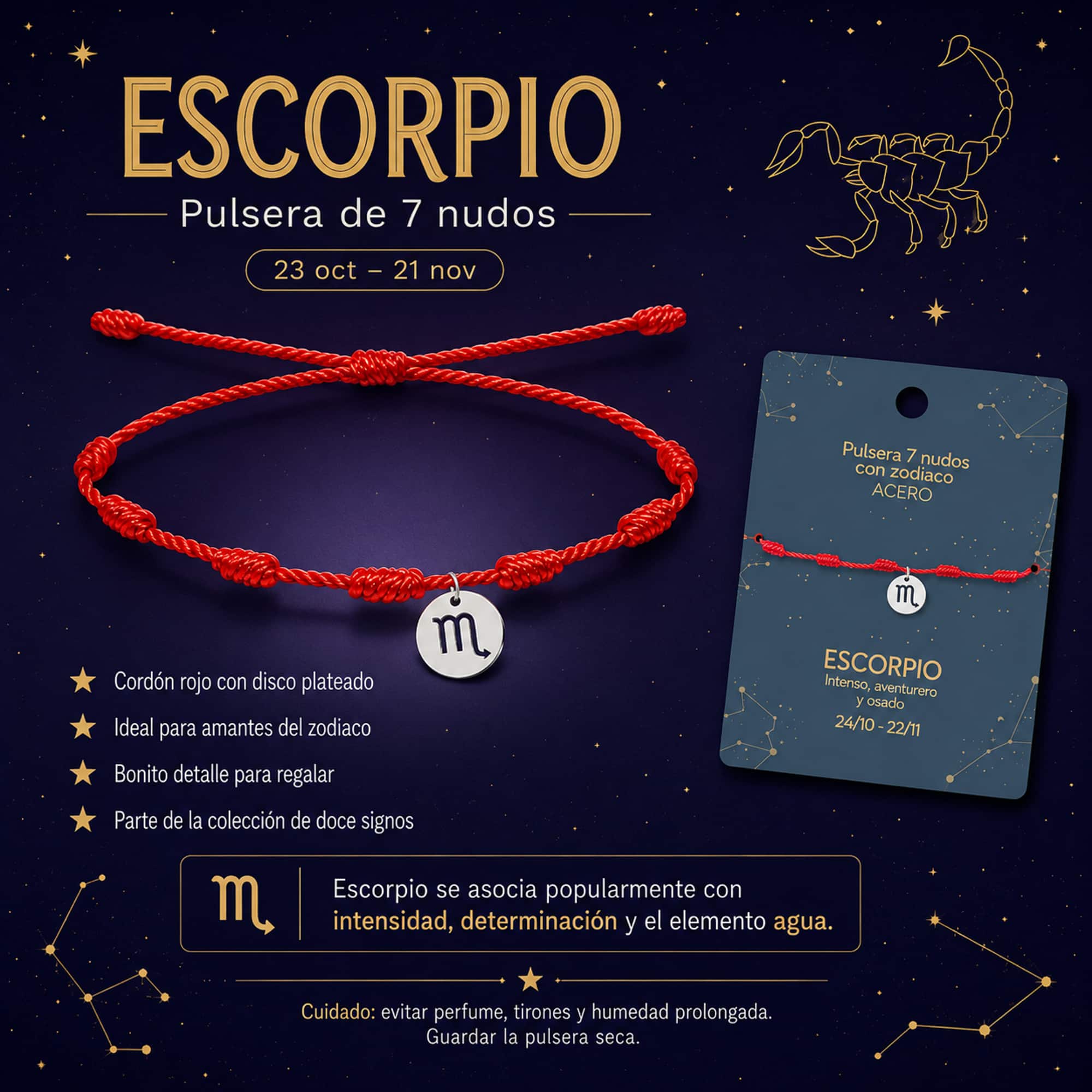 PULSERA 7 NUDOS CON ESCORPIO ACERO. COLOR PLATEADO