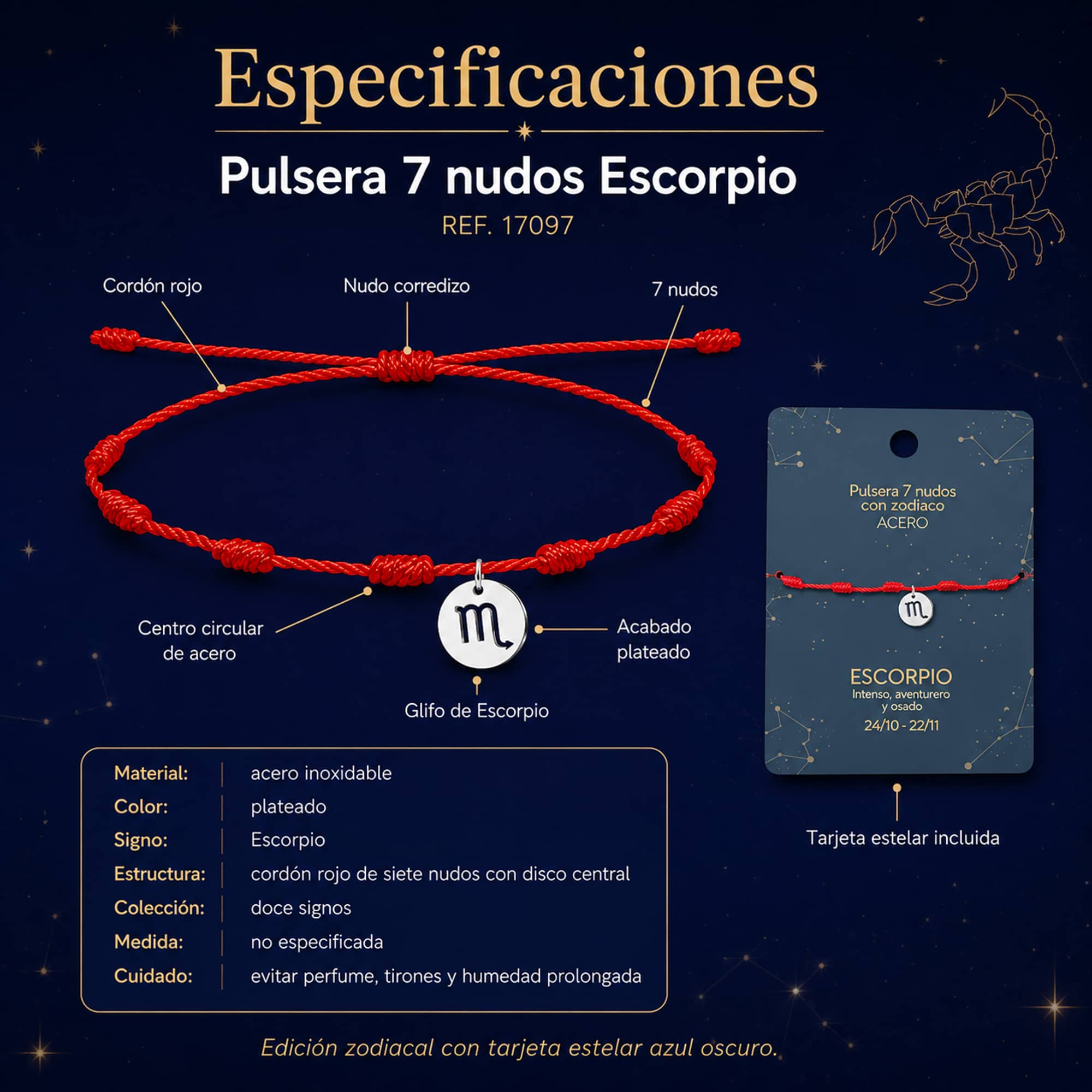PULSERA 7 NUDOS CON ESCORPIO ACERO. COLOR PLATEADO