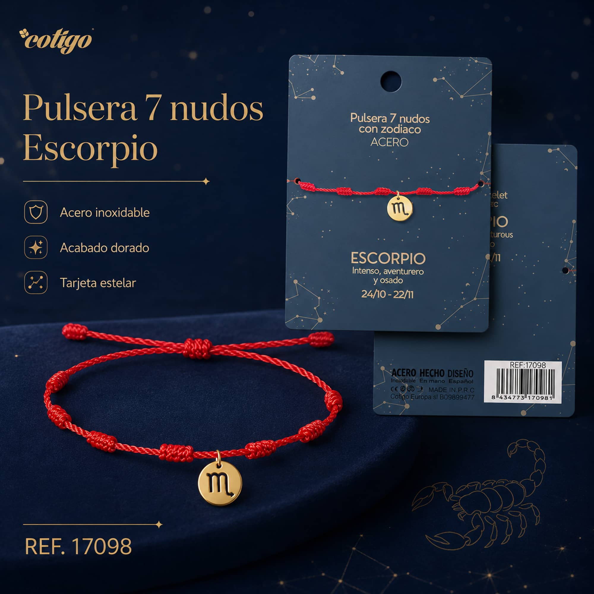 PULSERA 7 NUDOS CON ESCORPIO ACERO. COLOR DORADO