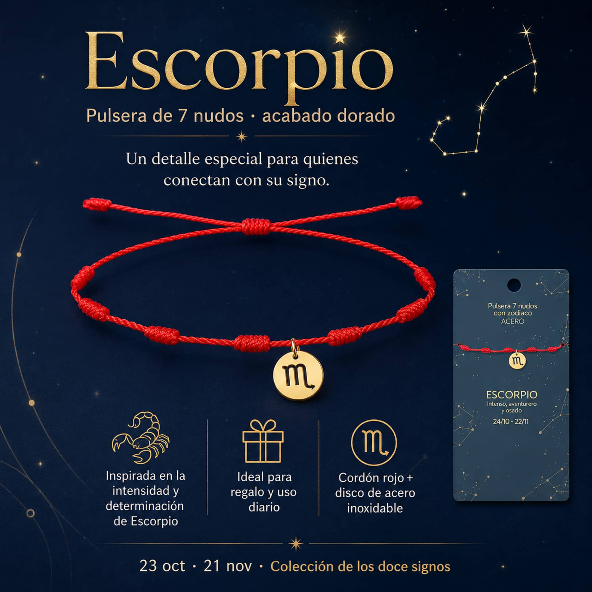 PULSERA 7 NUDOS CON ESCORPIO ACERO. COLOR DORADO