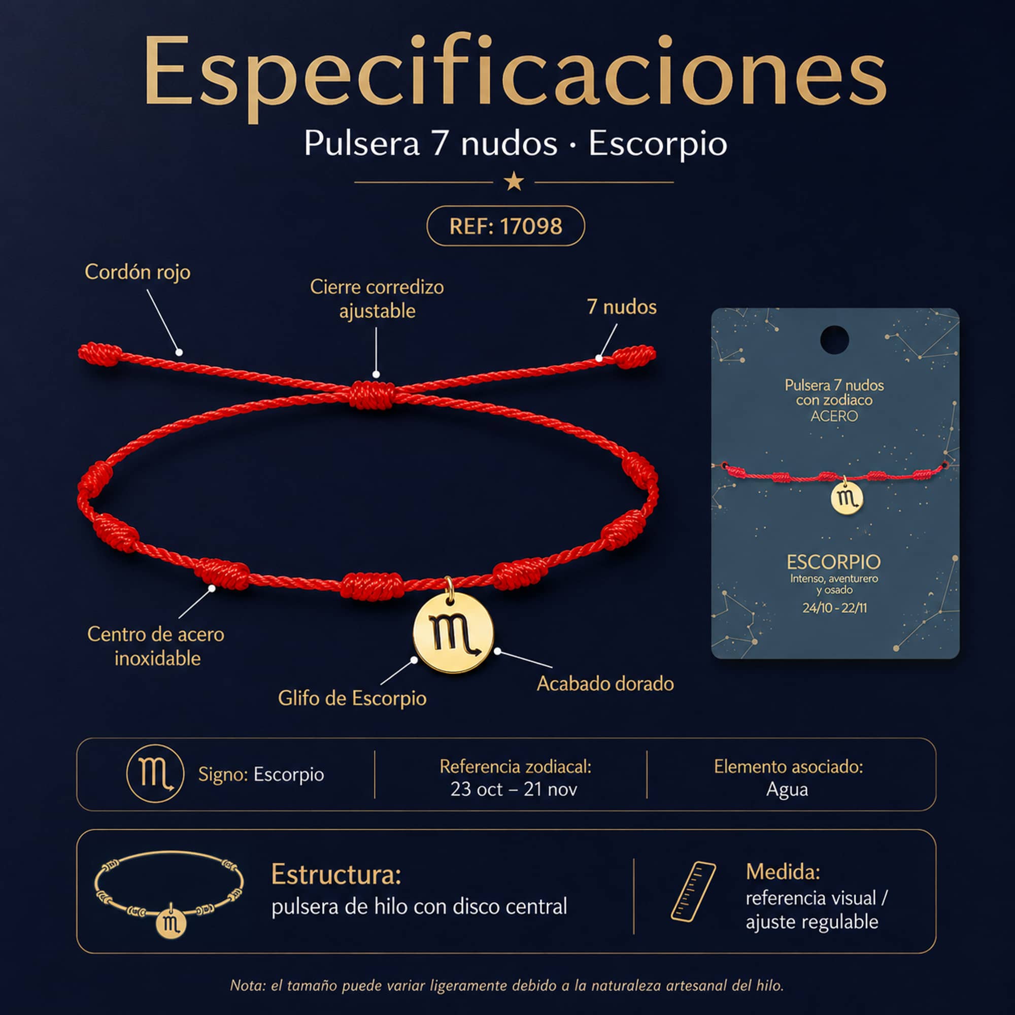 PULSERA 7 NUDOS CON ESCORPIO ACERO. COLOR DORADO