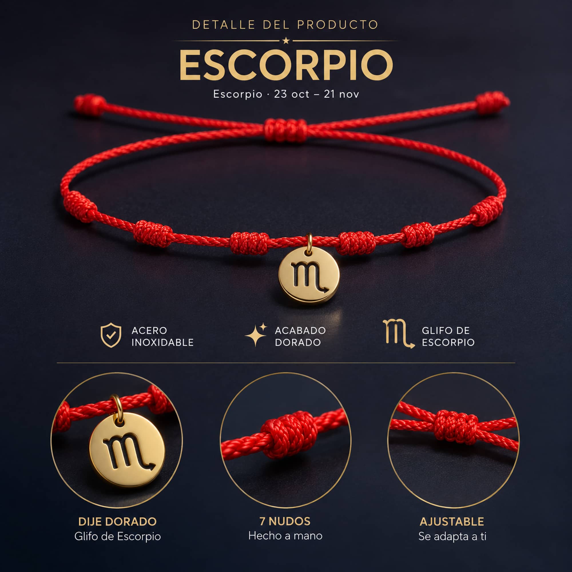 PULSERA 7 NUDOS CON ESCORPIO ACERO. COLOR DORADO