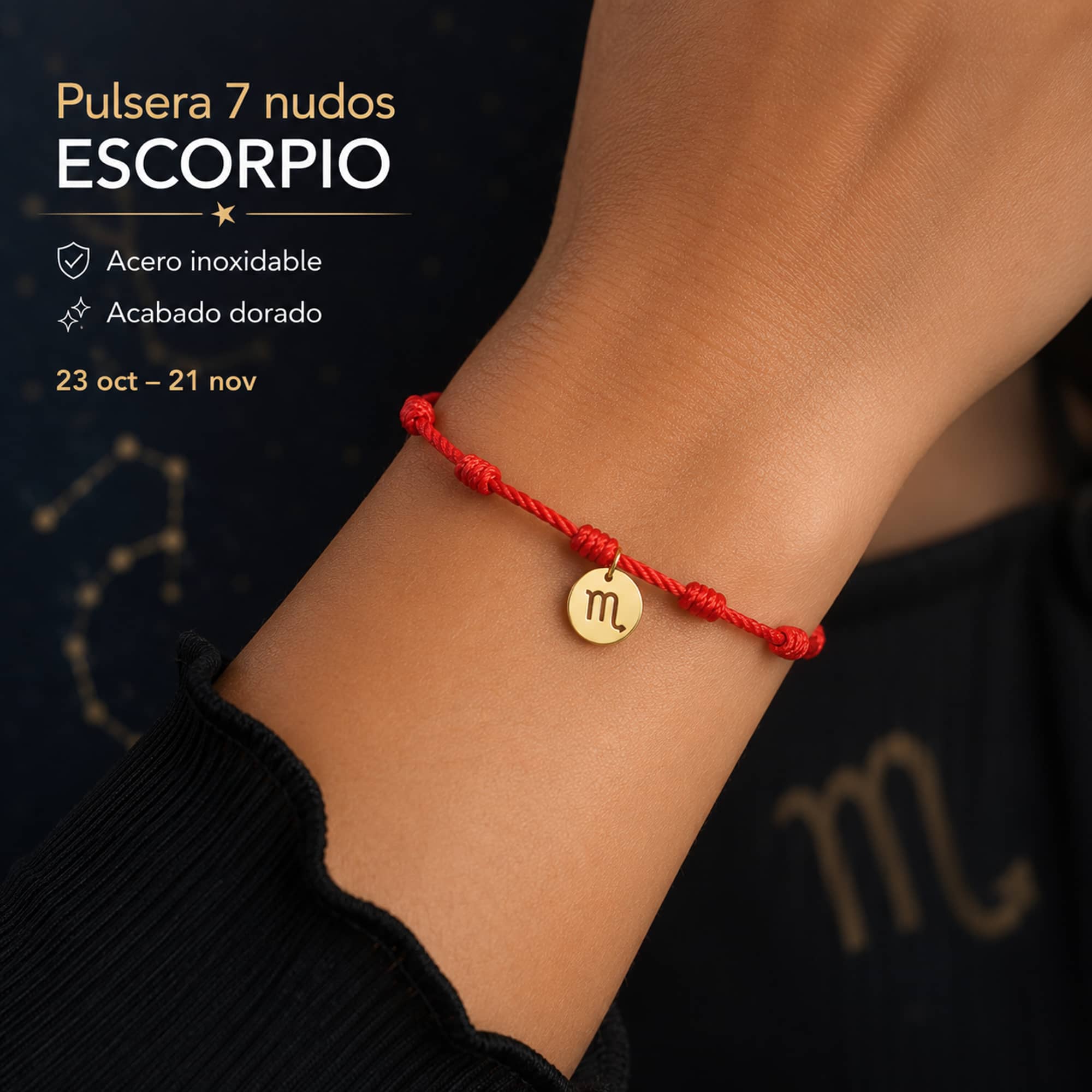PULSERA 7 NUDOS CON ESCORPIO ACERO. COLOR DORADO