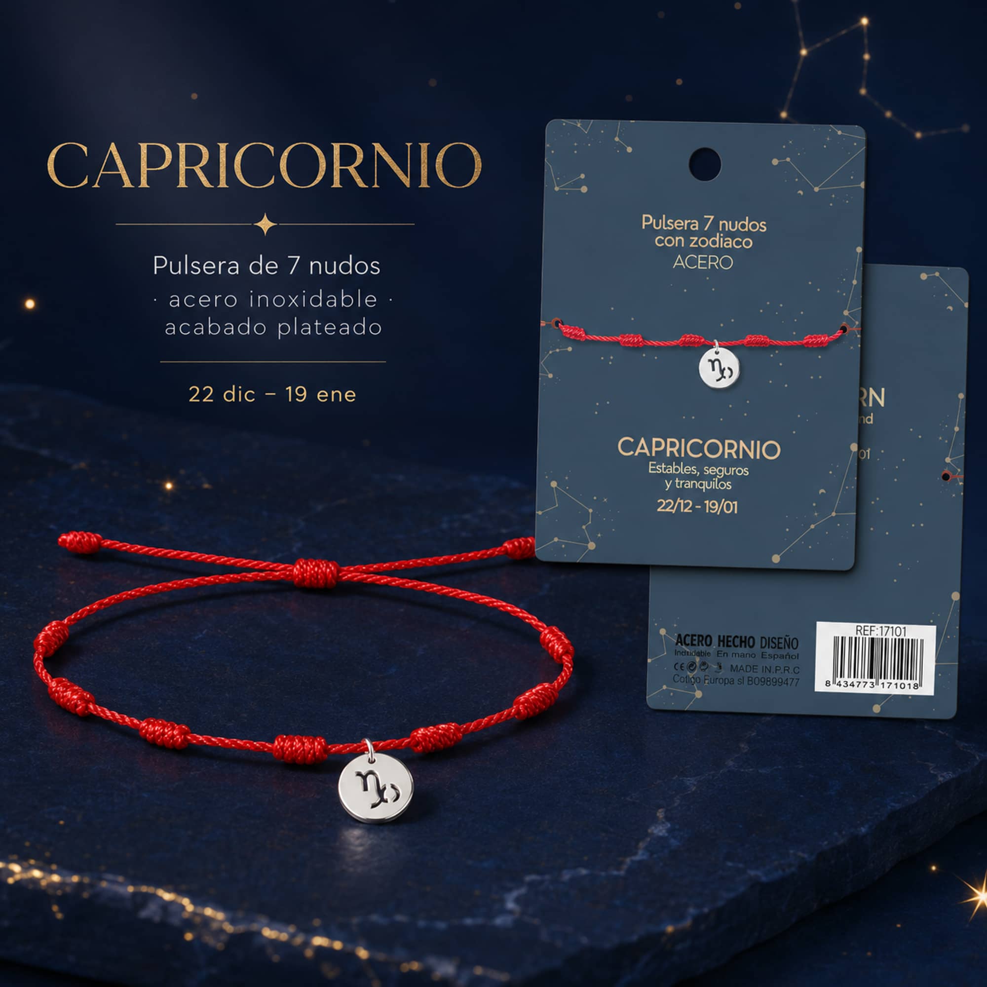 PULSERA 7 NUDOS CON CAPRICORNIO ACERO. COLOR PLATEADO
