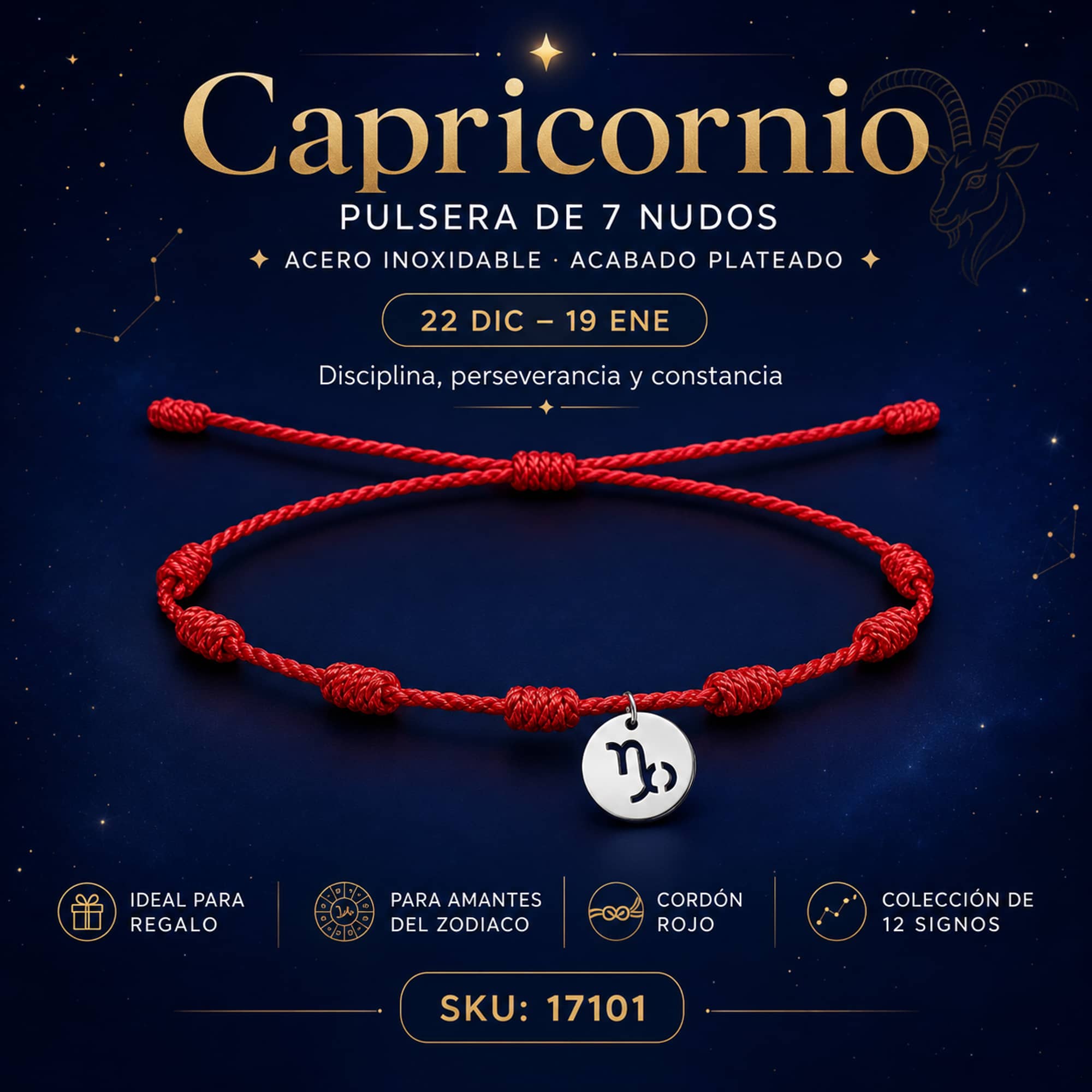 PULSERA 7 NUDOS CON CAPRICORNIO ACERO. COLOR PLATEADO