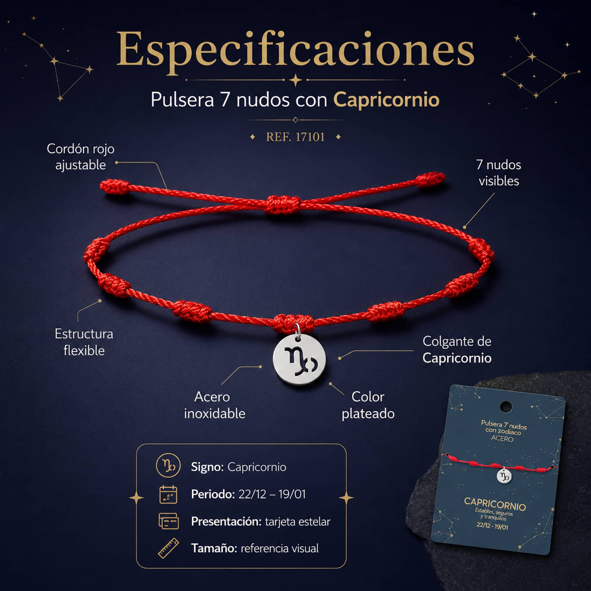 PULSERA 7 NUDOS CON CAPRICORNIO ACERO. COLOR PLATEADO