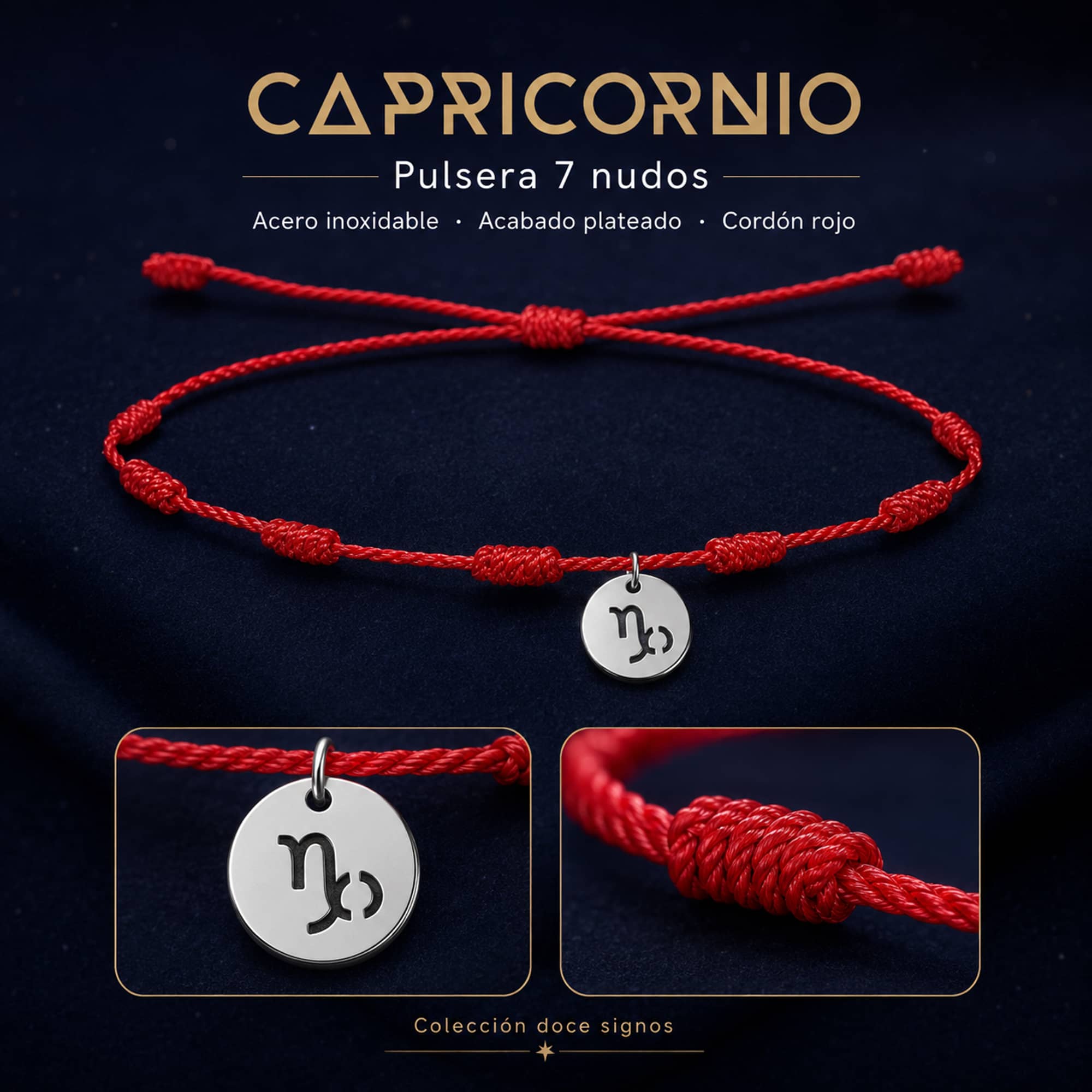PULSERA 7 NUDOS CON CAPRICORNIO ACERO. COLOR PLATEADO