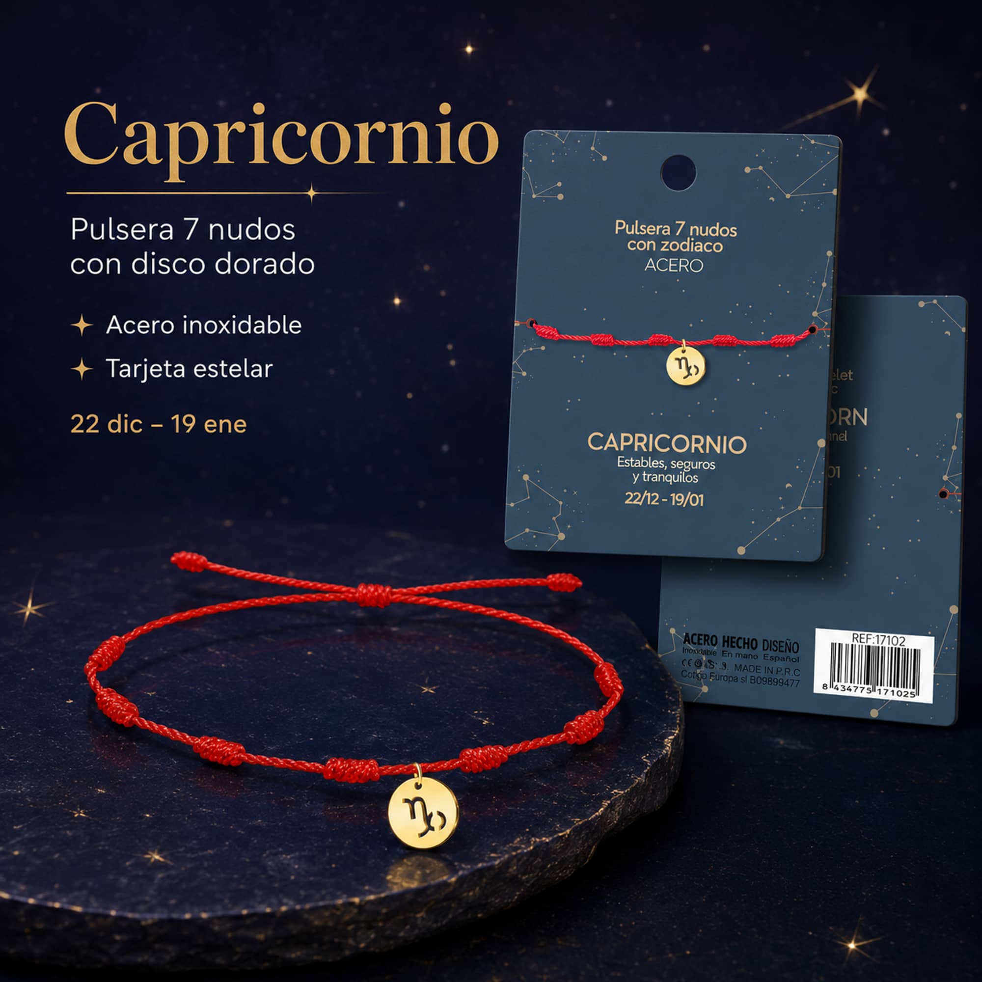 PULSERA 7 NUDOS CON CAPRICORNIO ACERO. COLOR DORADO