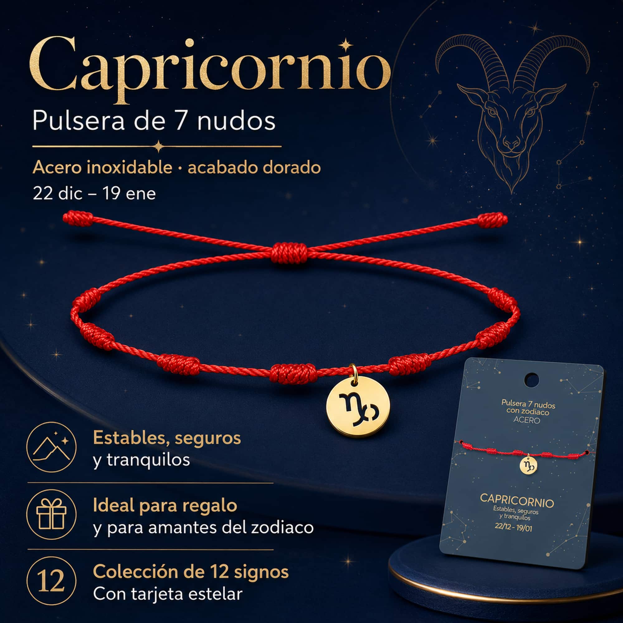 PULSERA 7 NUDOS CON CAPRICORNIO ACERO. COLOR DORADO